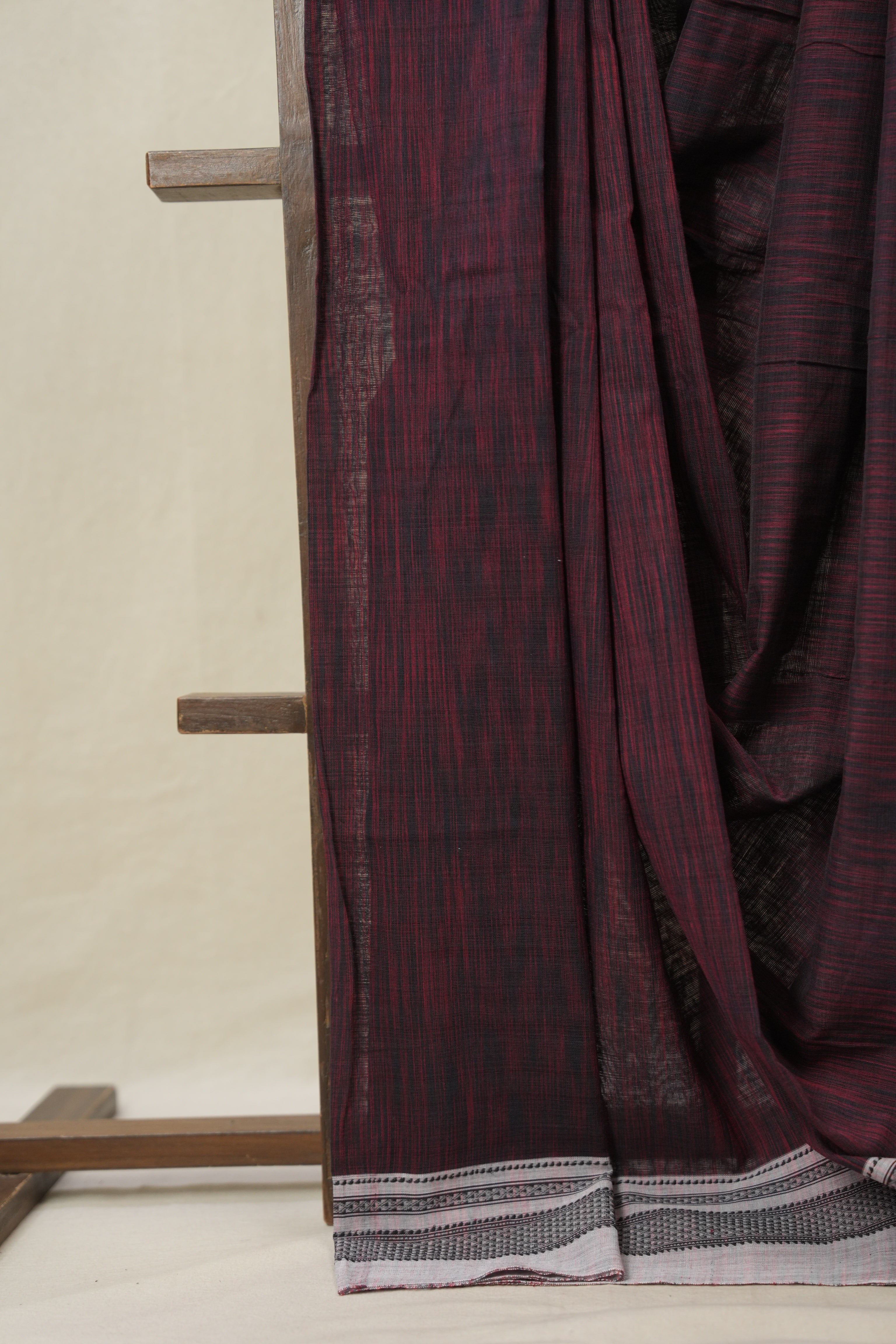 Maroon Black Cotton Ilkal Saree With Chikki Border - SRMBCIS856