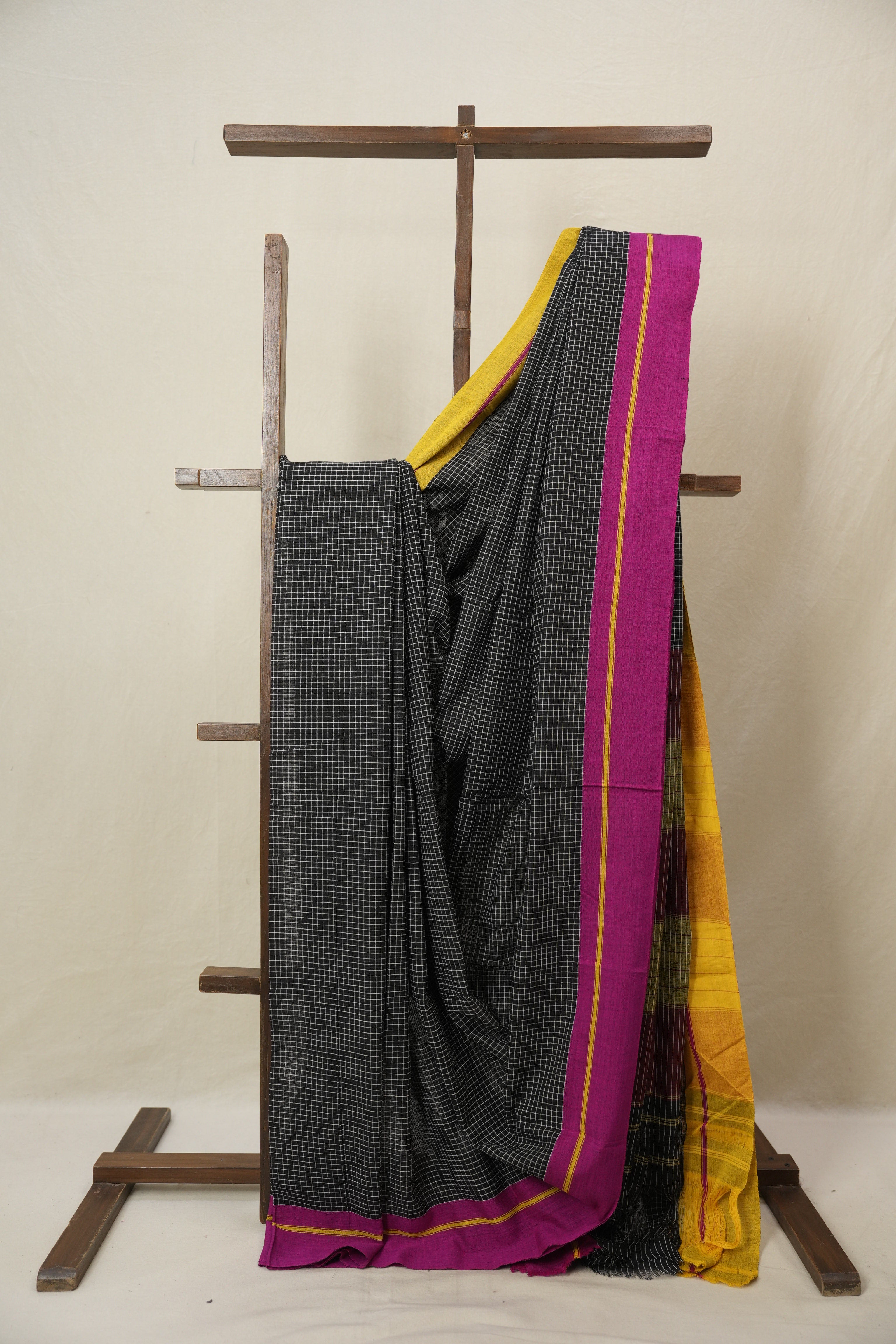Black Big Checks Cotton Patteda Anchu Saree - SRBPAS283