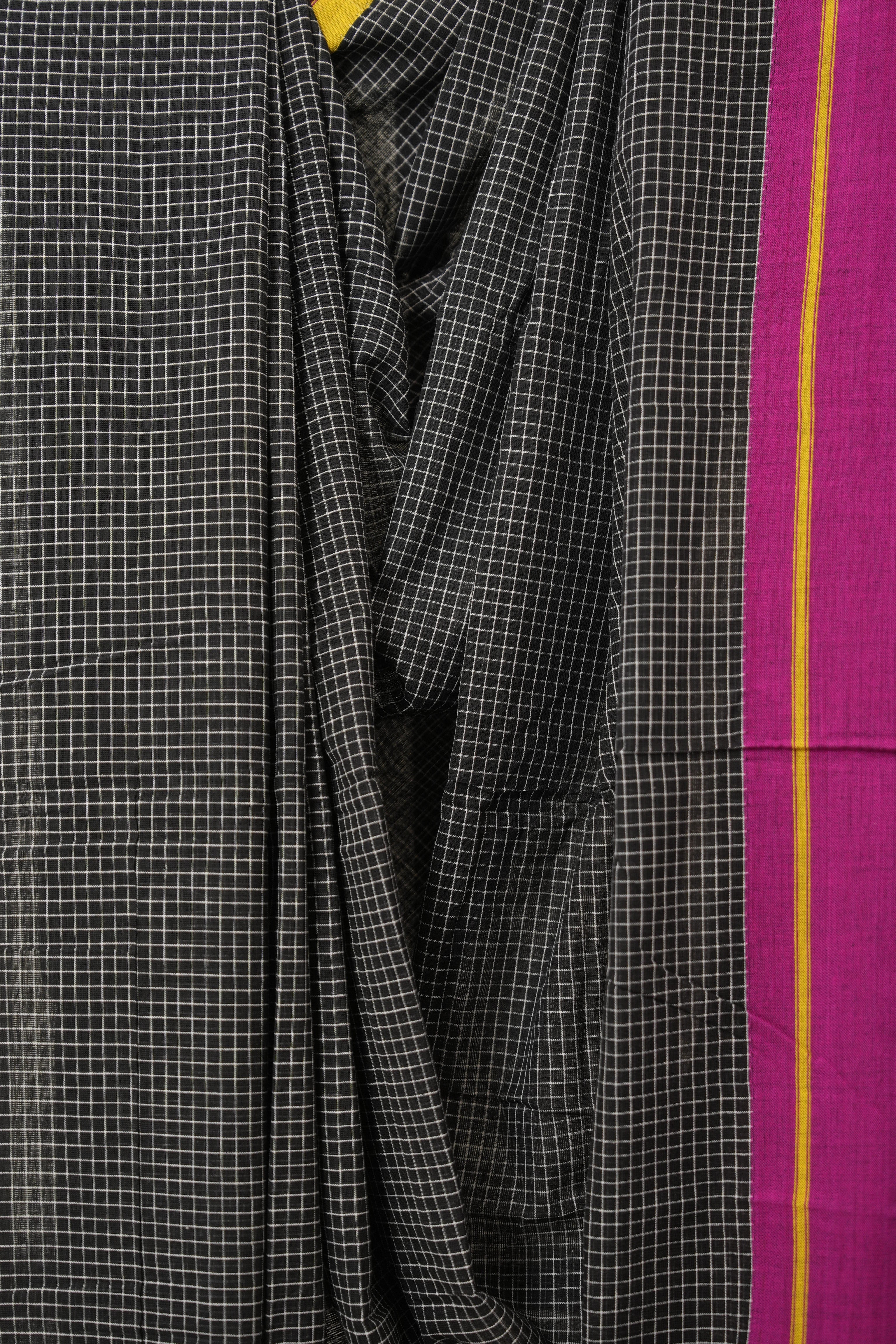 Black Big Checks Cotton Patteda Anchu Saree - SRBPAS283