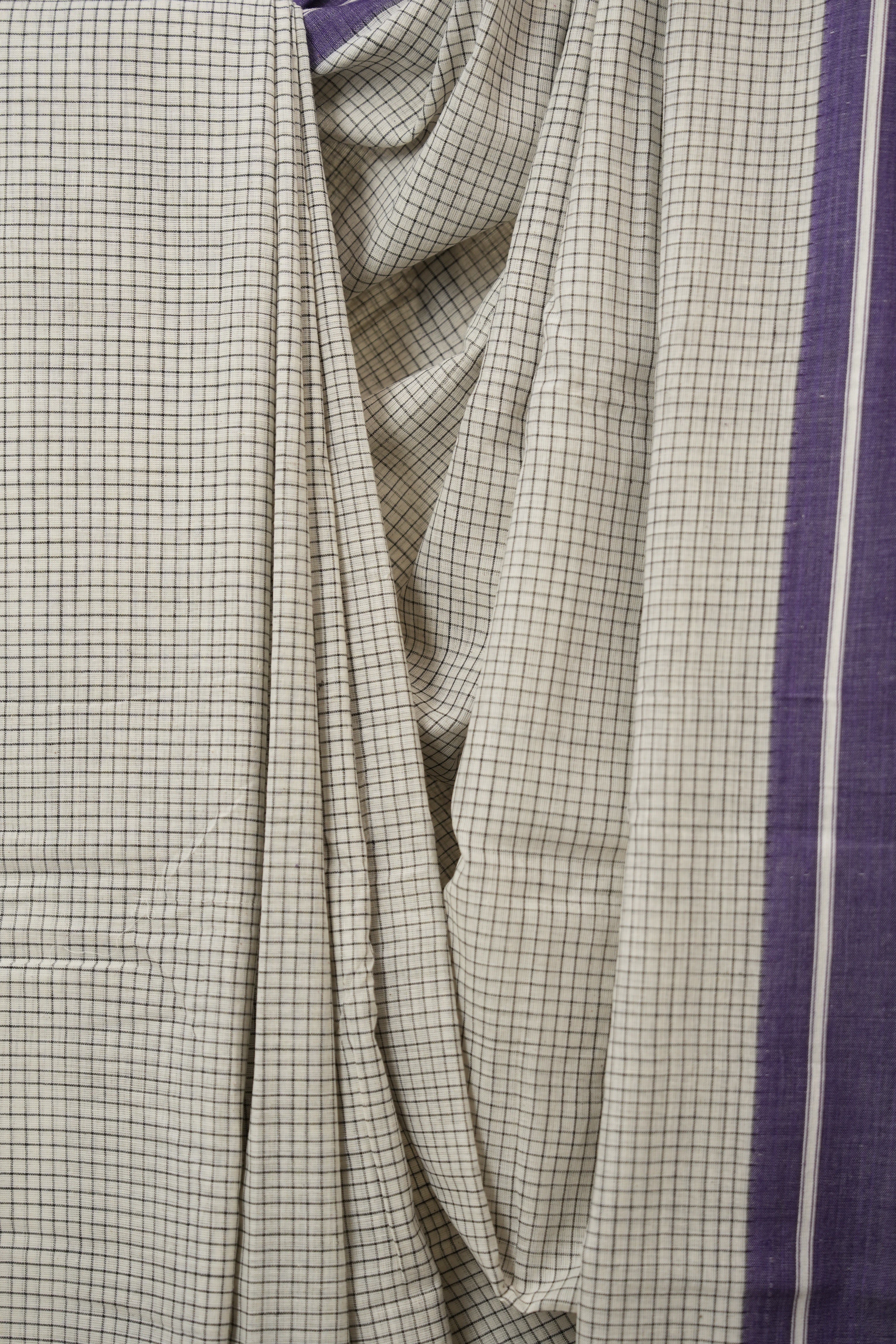 White Big Checks Cotton Patteda Anchu Saree - SRWPAS304