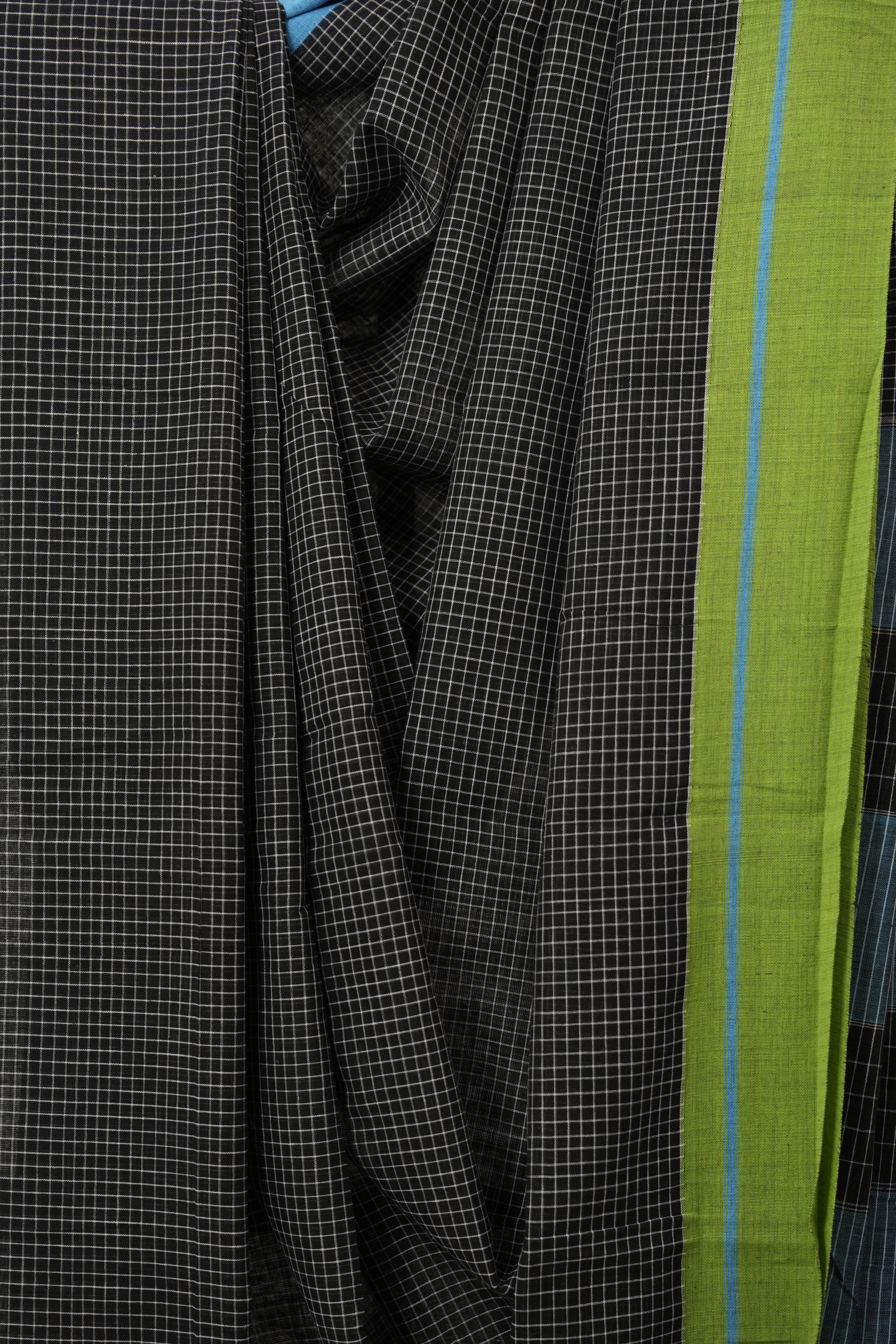 Black Big Checks Cotton Patteda Anchu Saree - SRBPAS282