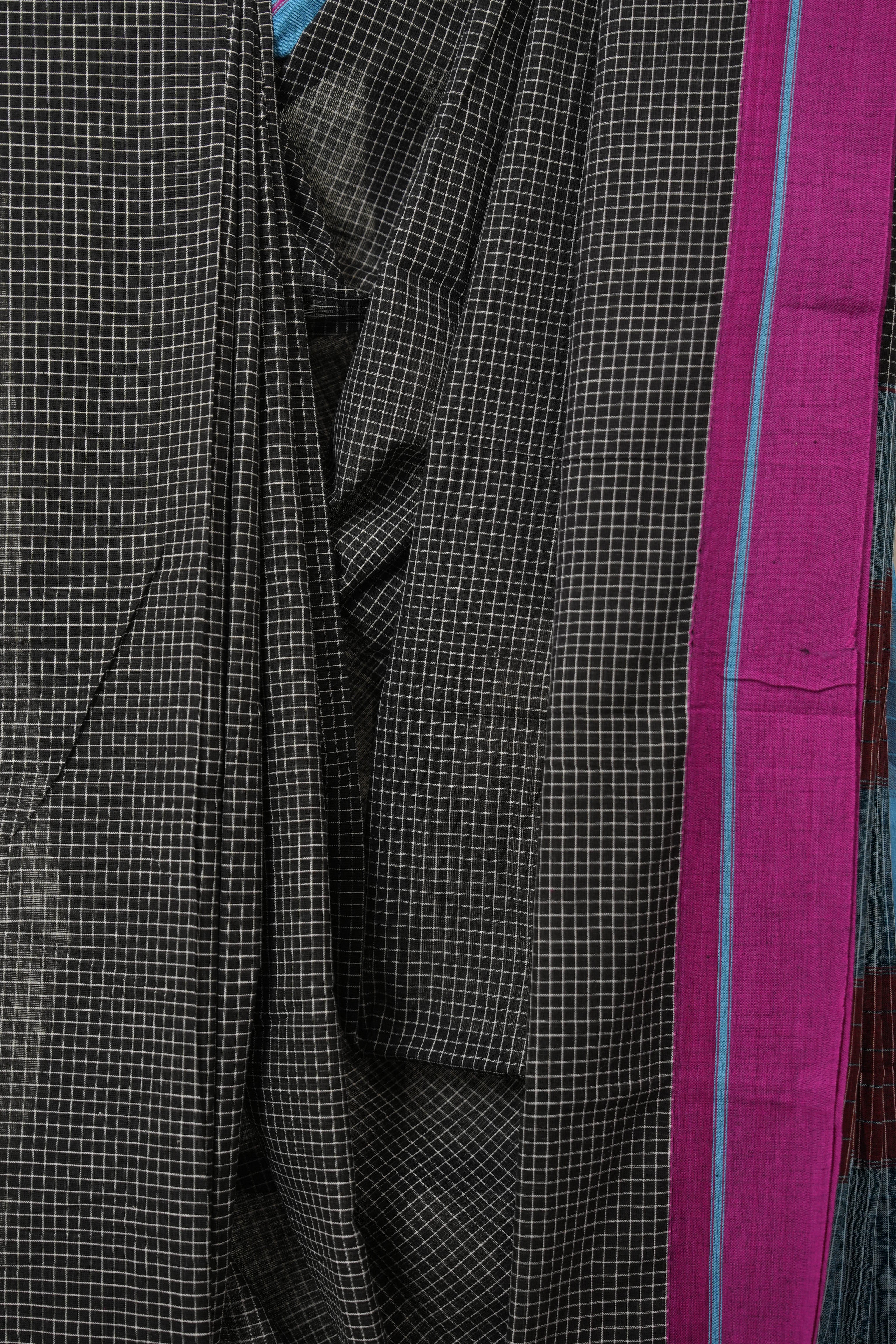 Black Big Checks Cotton Patteda Anchu Saree - SRBPAS303