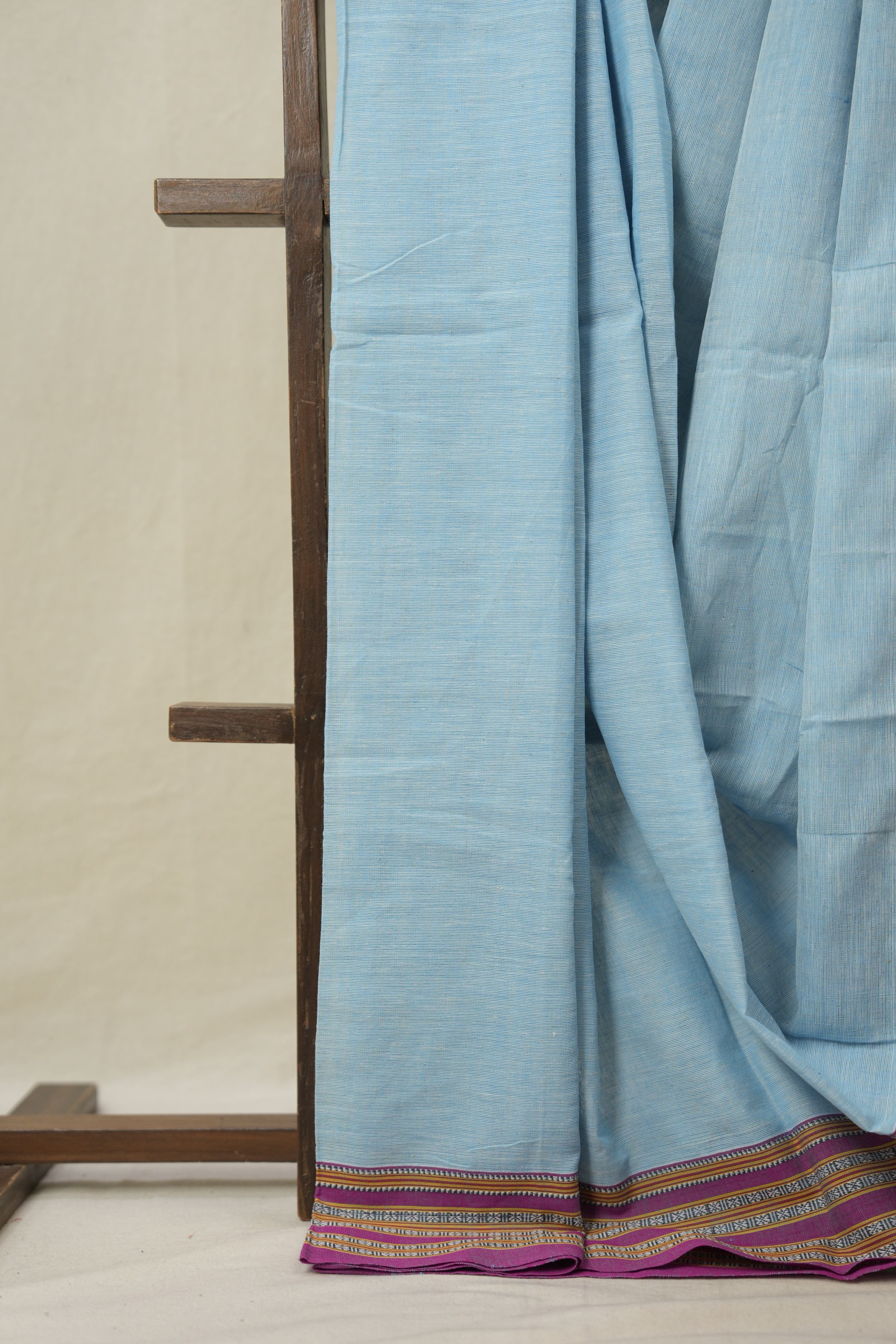 Sky Blue Cotton Patteda Anchu Saree - SRSBPAS273