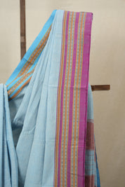Sky Blue Cotton Patteda Anchu Saree - SRSBPAS273