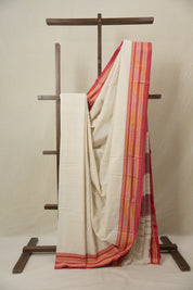 Off White Plain Cotton Patteda Anchu Saree - SROWPAS347