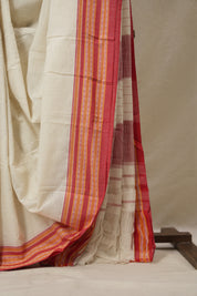 Off White Plain Cotton Patteda Anchu Saree - SROWPAS347