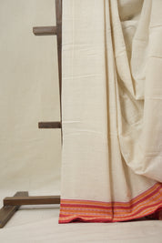 Off White Plain Cotton Patteda Anchu Saree - SROWPAS347