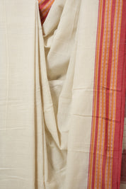 Off White Plain Cotton Patteda Anchu Saree - SROWPAS347