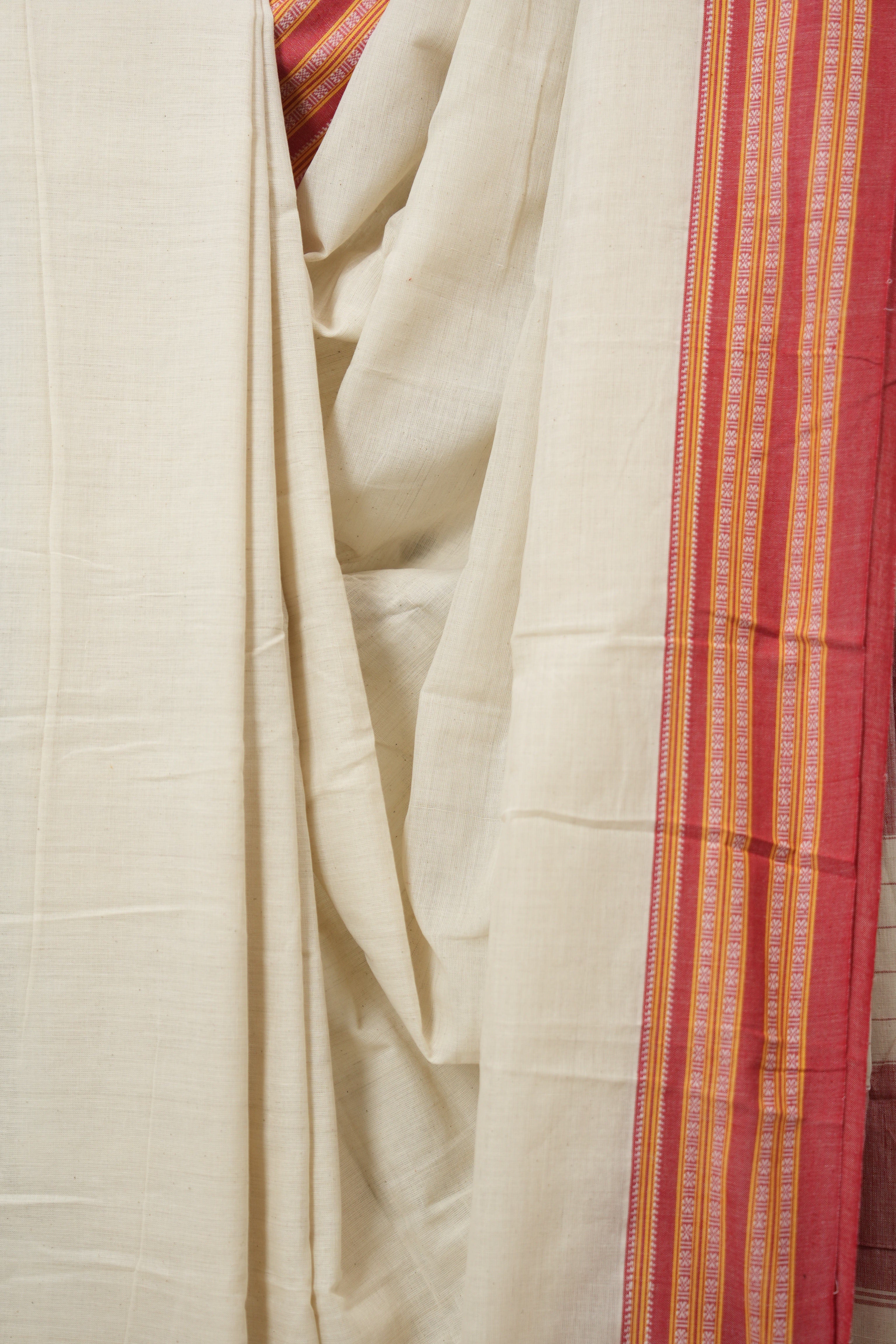 Off White Plain Cotton Patteda Anchu Saree - SROWPAS347