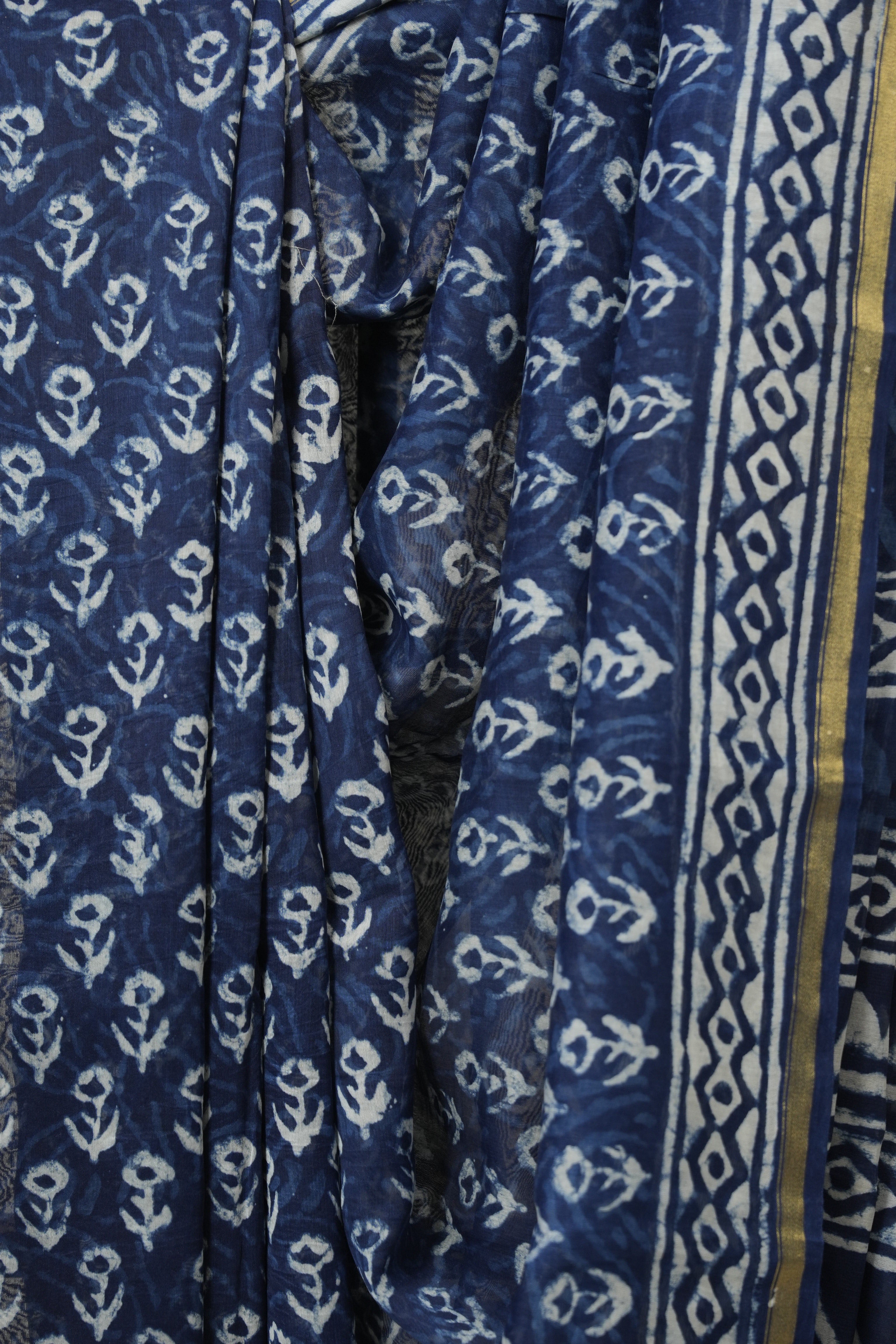 Indigo HBP Cotton Silk Saree With Chanderi Border - SRICSS1587