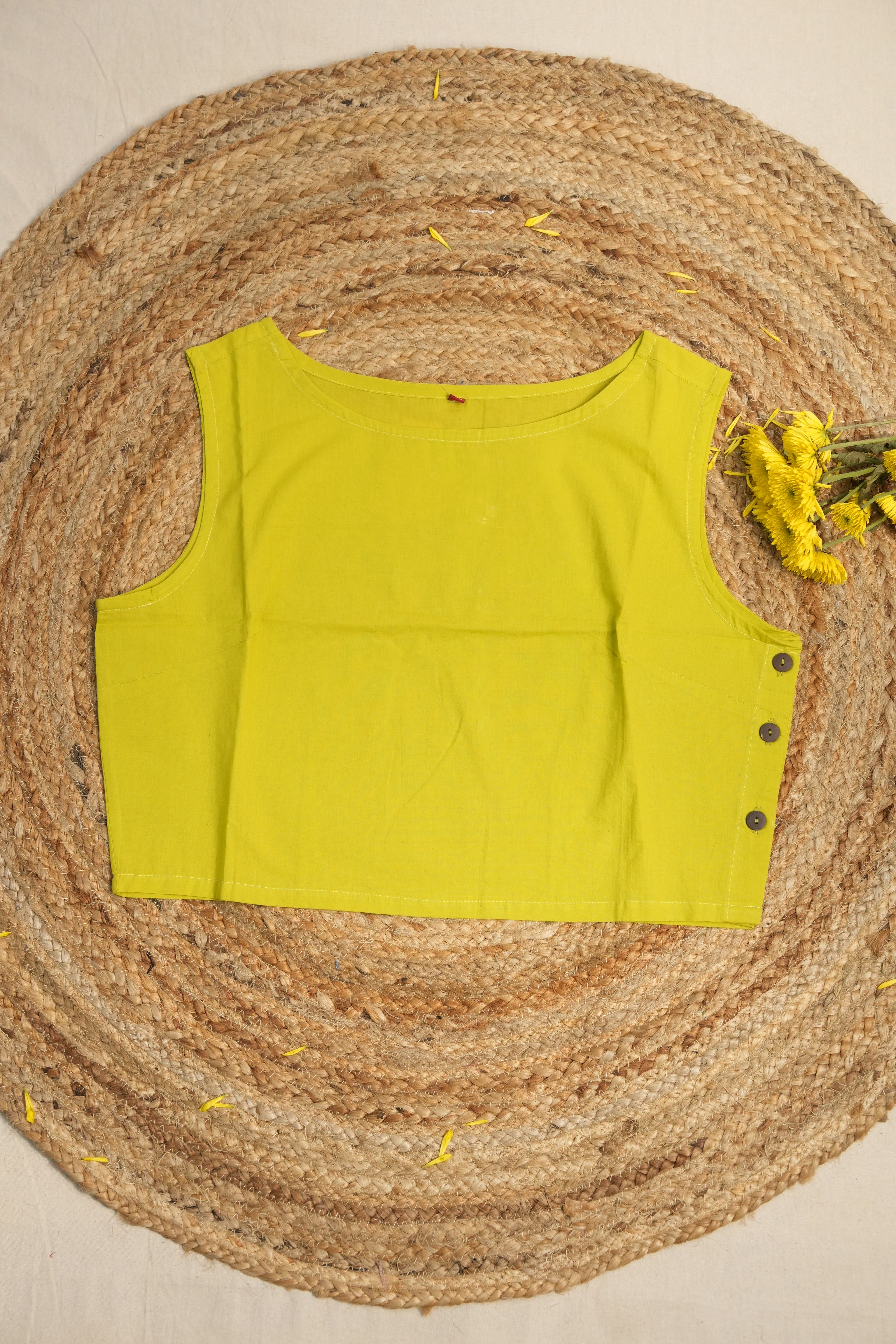 Neon Green Cotton Round-Neck Plain Blouse-SRNGCRNPB04