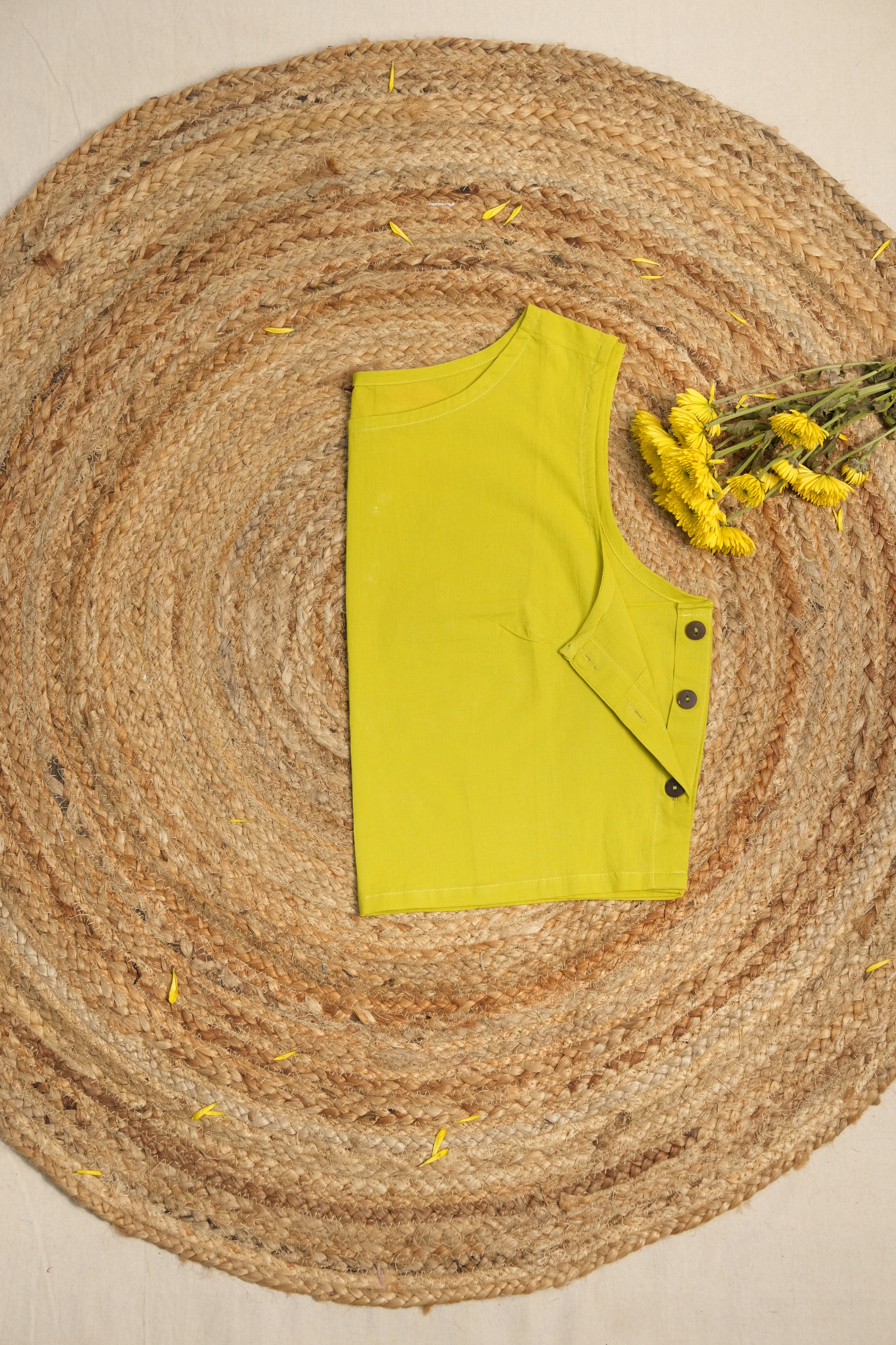 Neon Green Cotton Round-Neck Plain Blouse-SRNGCRNPB04