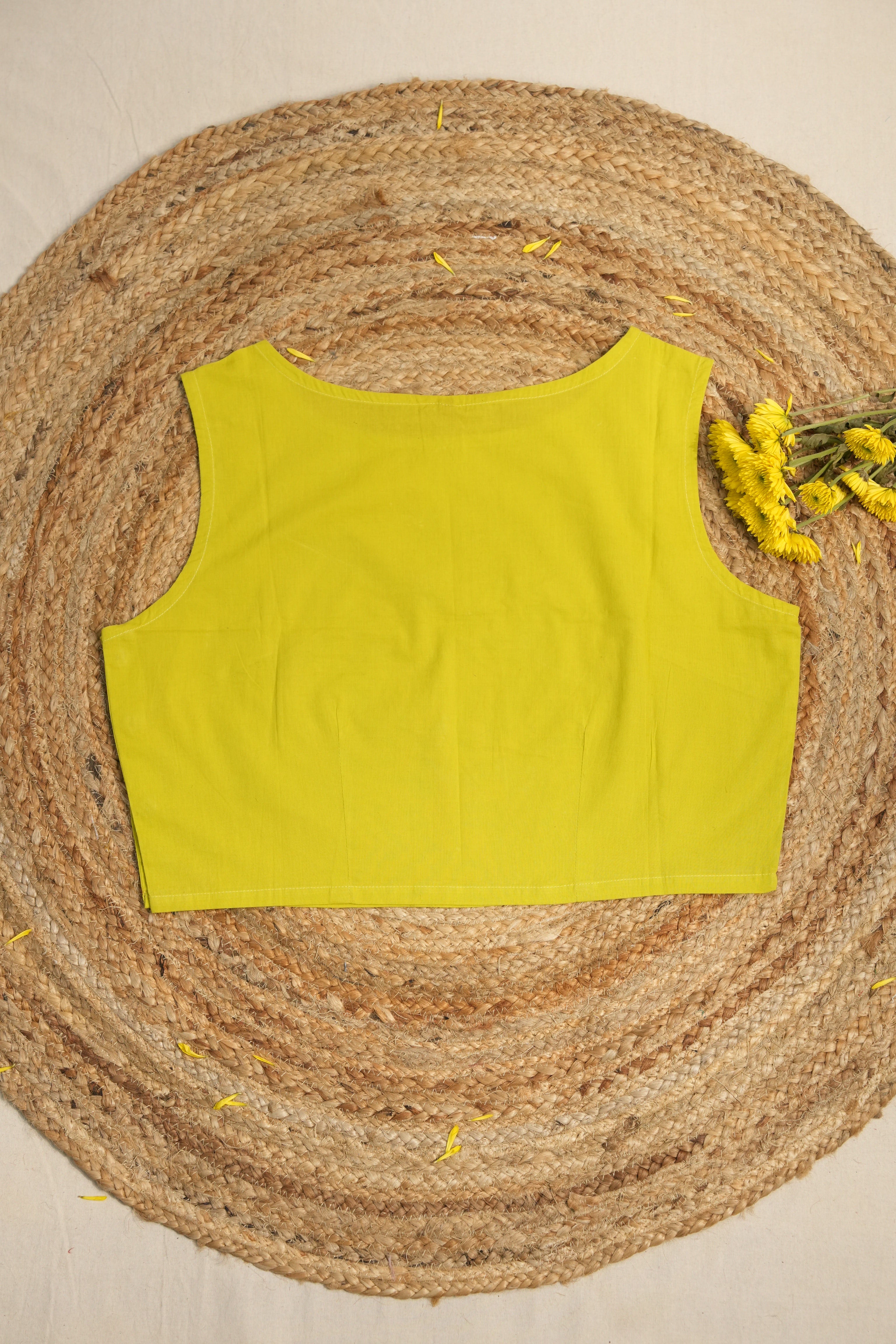 Neon Green Cotton Round-Neck Plain Blouse-SRNGCRNPB04