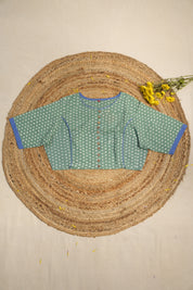 Boat Neck Parrot Green HBP Cotton Blouse With Blue Piping-SRBNPAS28