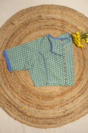 Boat Neck Parrot Green HBP Cotton Blouse With Blue Piping-SRBNPAS28