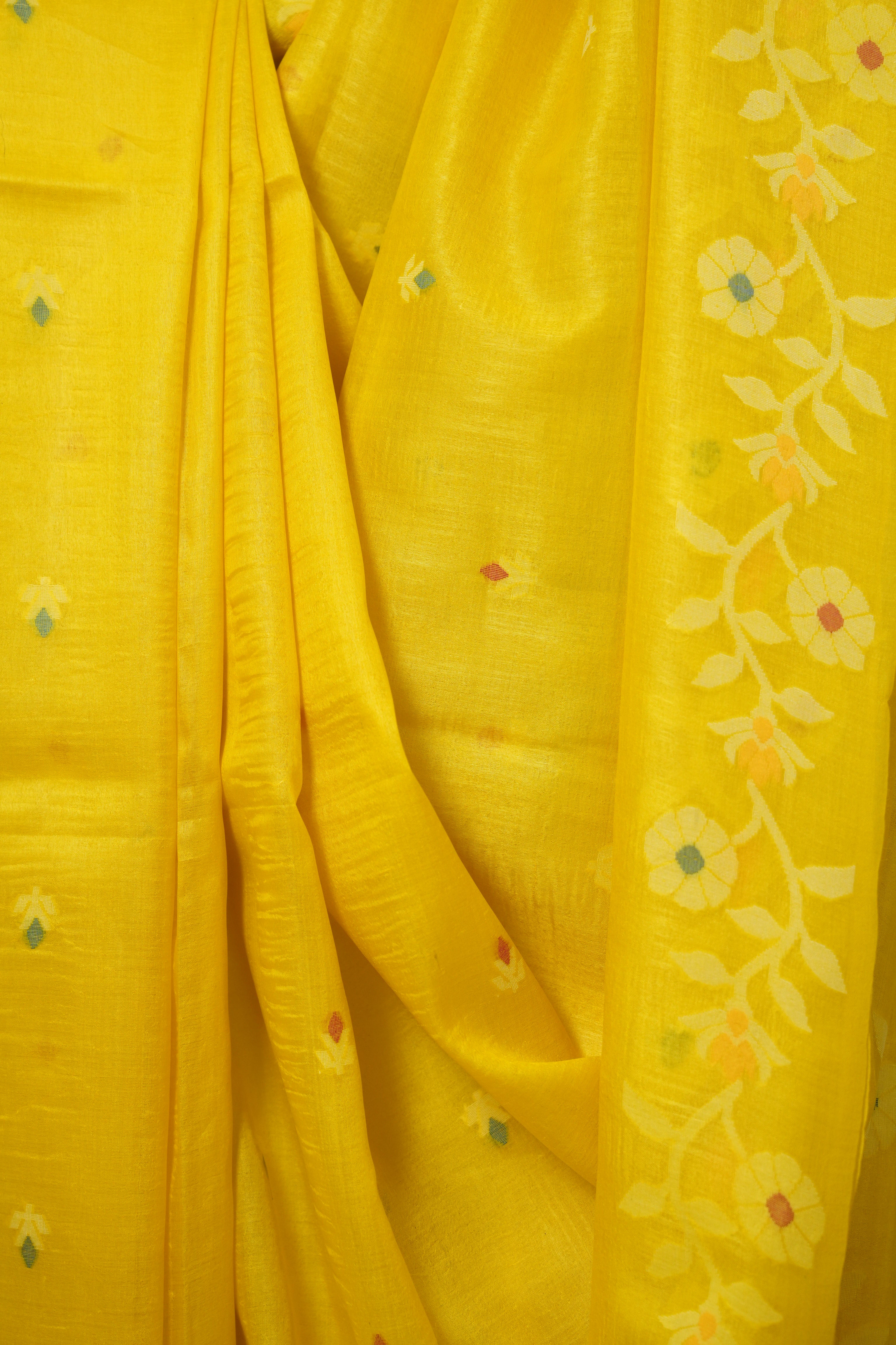 Yellow Jamdani Tussar Silk Saree - SRYJTSS0033