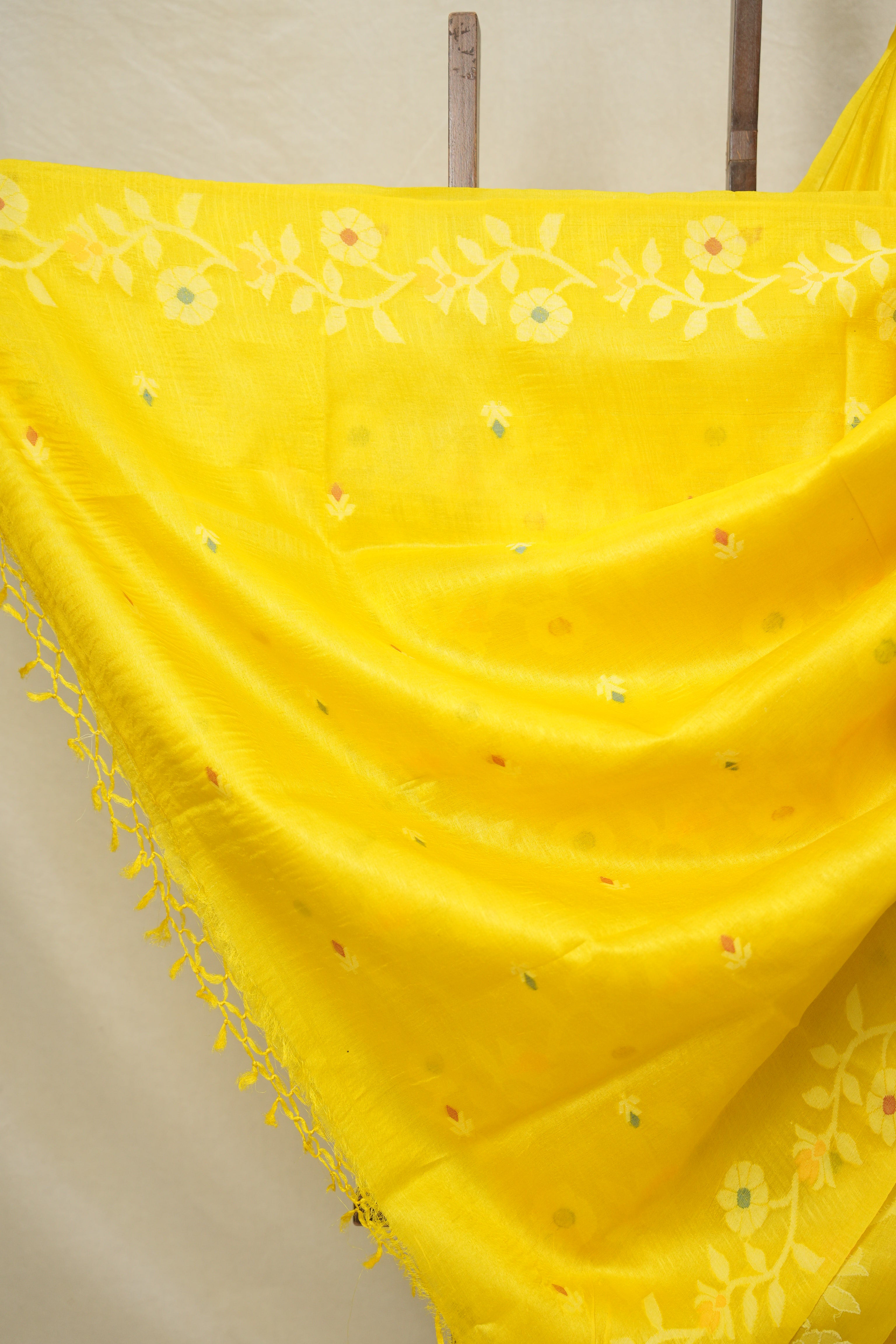 Yellow Jamdani Tussar Silk Saree - SRYJTSS0033