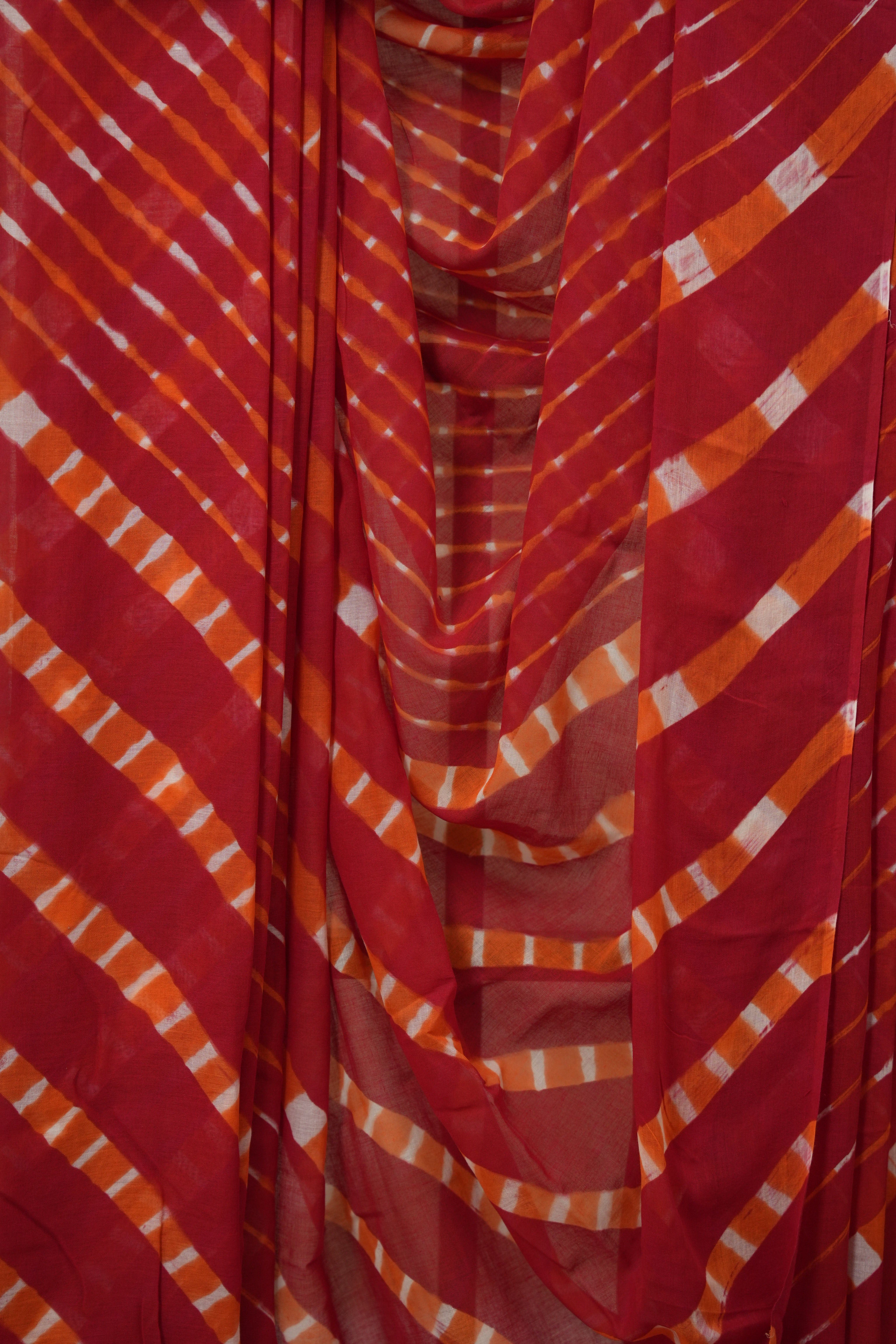Red Cotton Leheriya Saree - SRRMCLS290