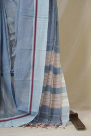 Sky Blue Big Checks Cotton Patteda Anchu Saree - SRSBPAS327