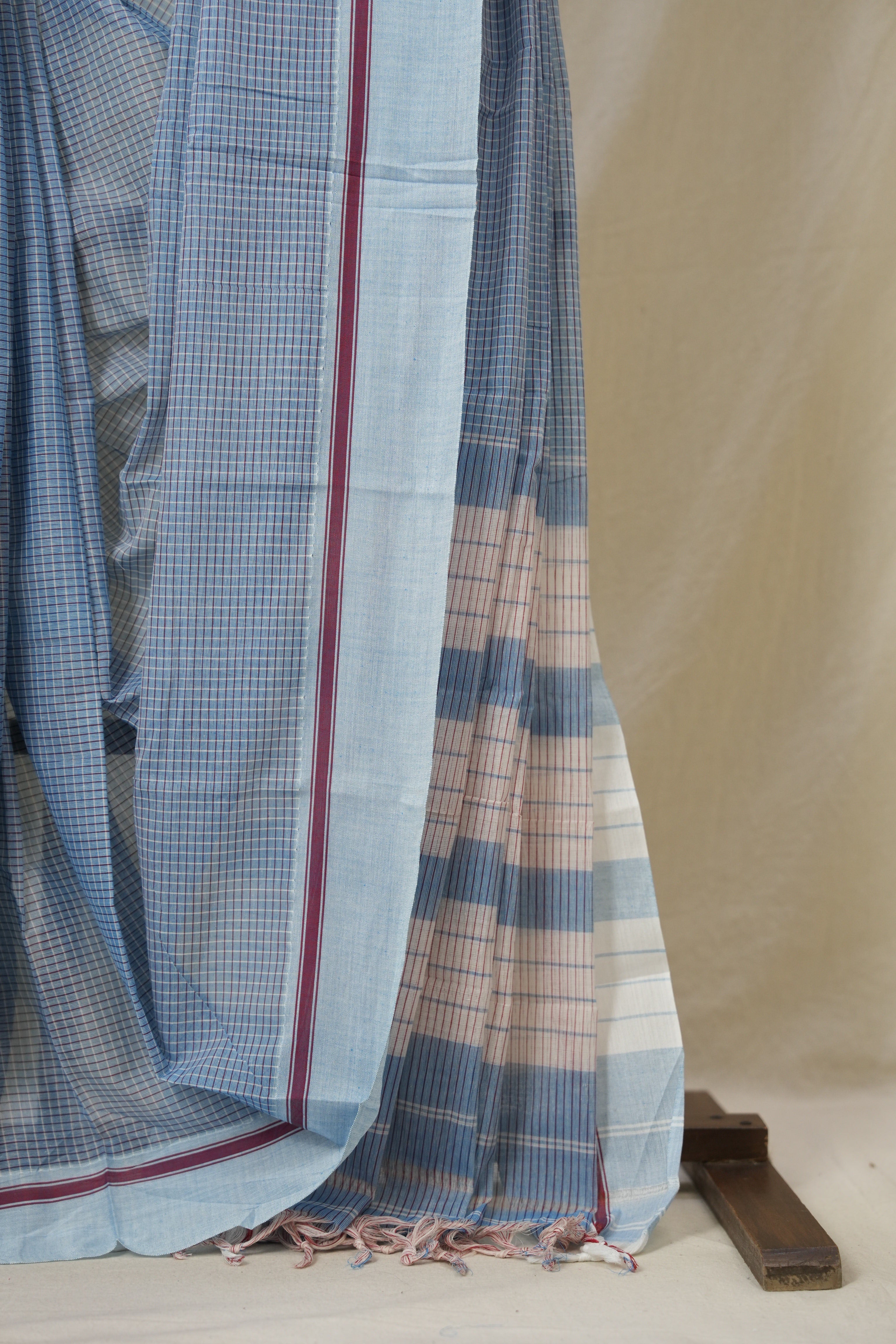 Sky Blue Big Checks Cotton Patteda Anchu Saree - SRSBPAS327