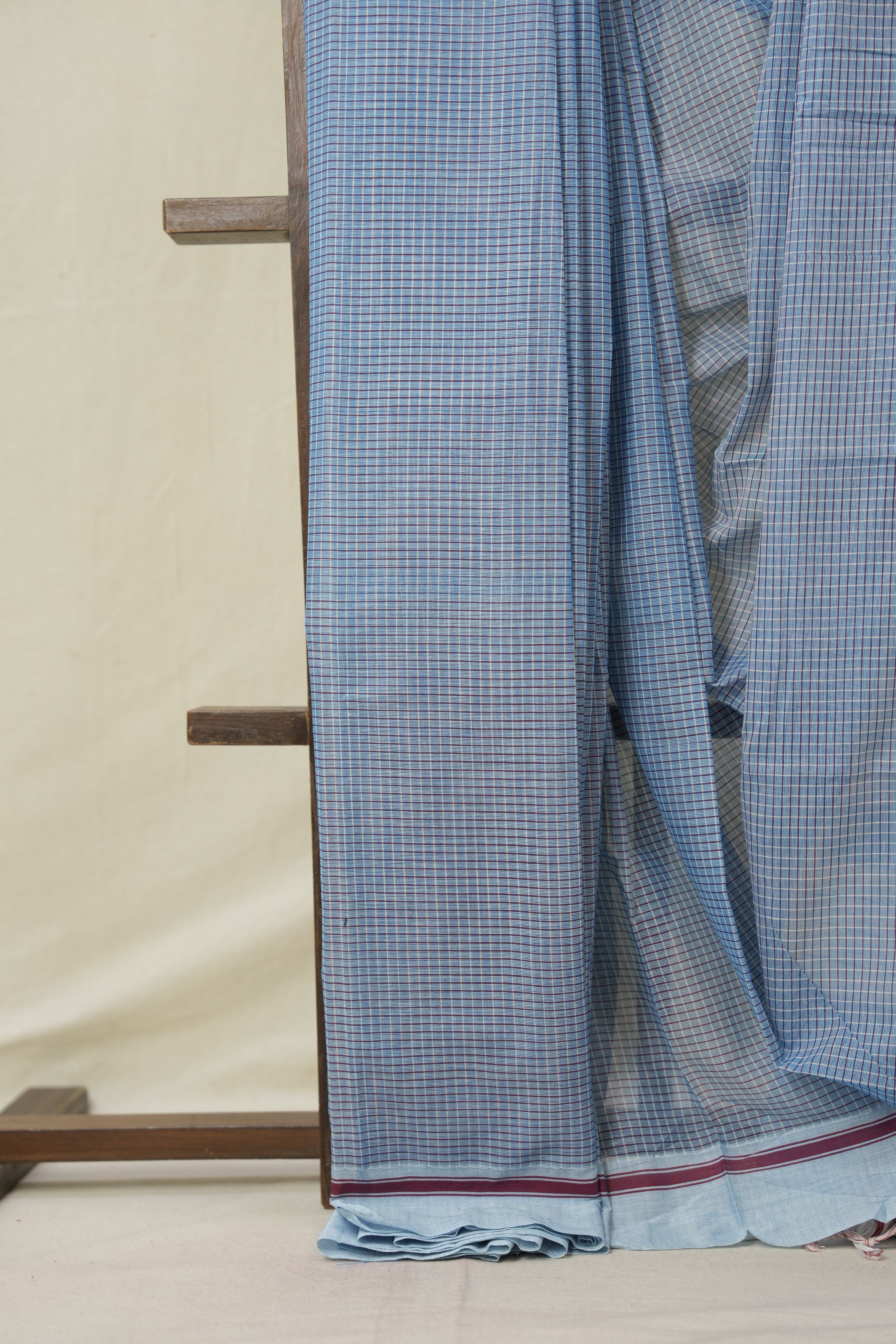 Sky Blue Big Checks Cotton Patteda Anchu Saree - SRSBPAS327