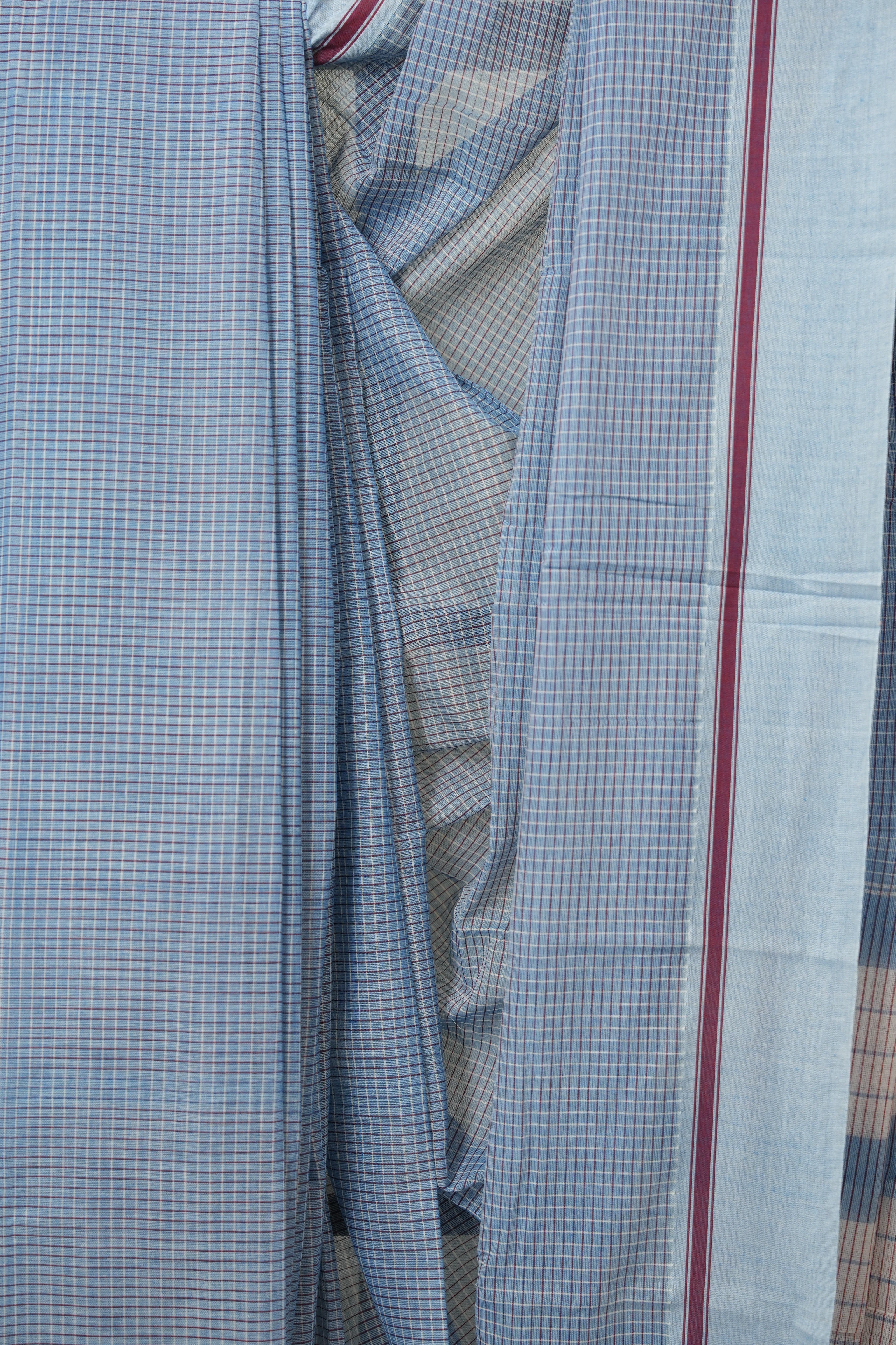 Sky Blue Big Checks Cotton Patteda Anchu Saree - SRSBPAS327