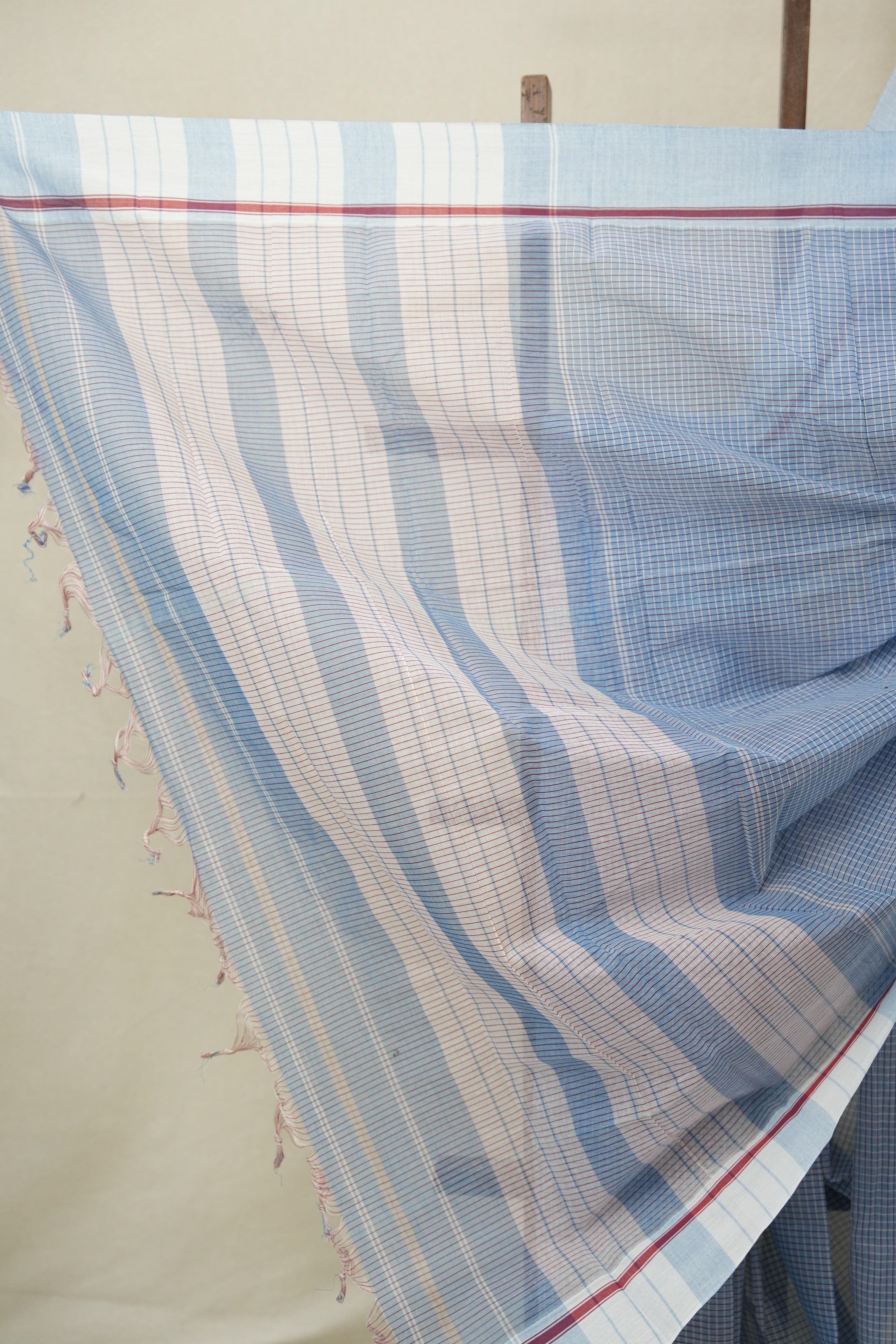 Sky Blue Big Checks Cotton Patteda Anchu Saree - SRSBPAS327