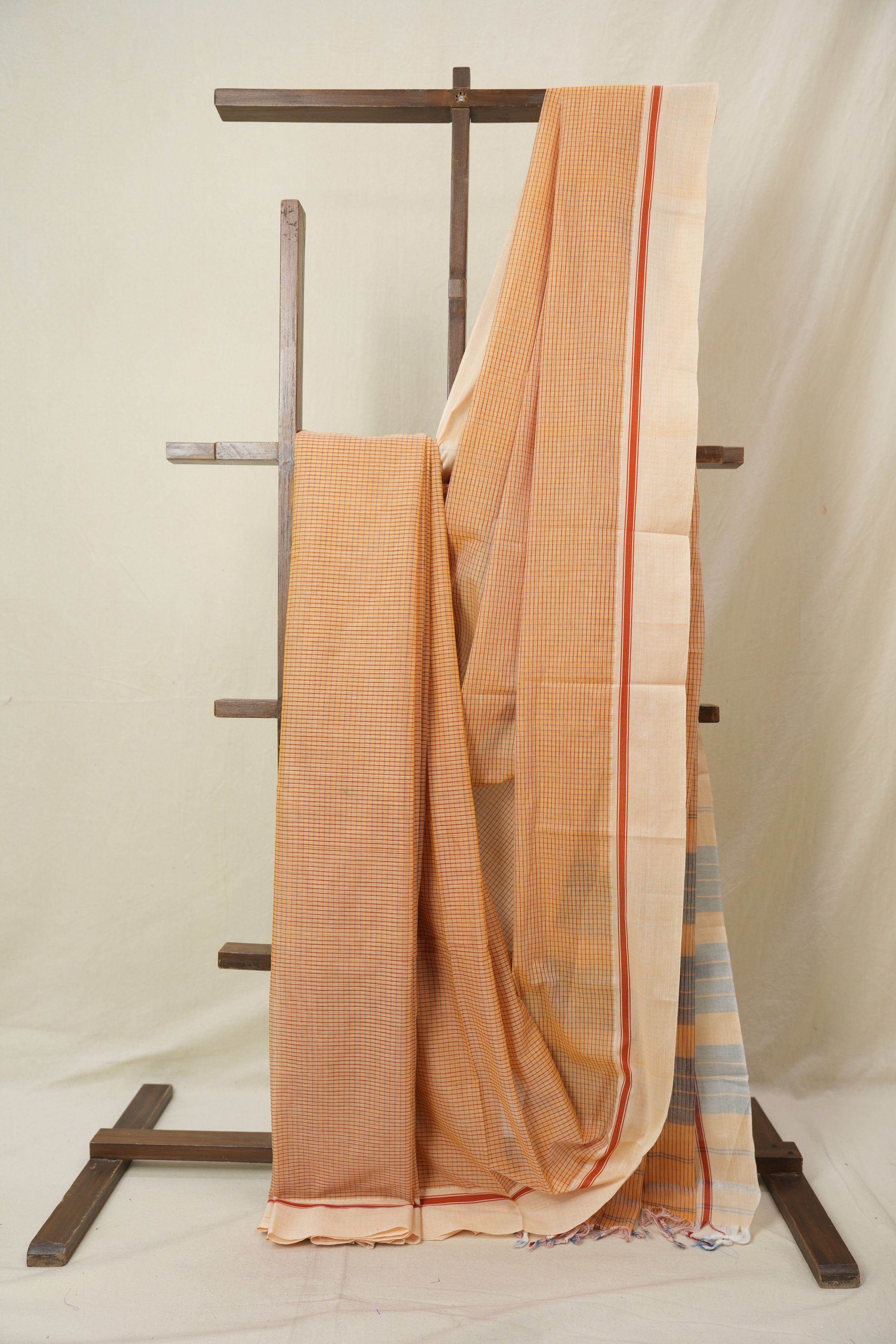 Peach Beige Big Checks Cotton Patteda Anchu Saree - SRPBPAS330