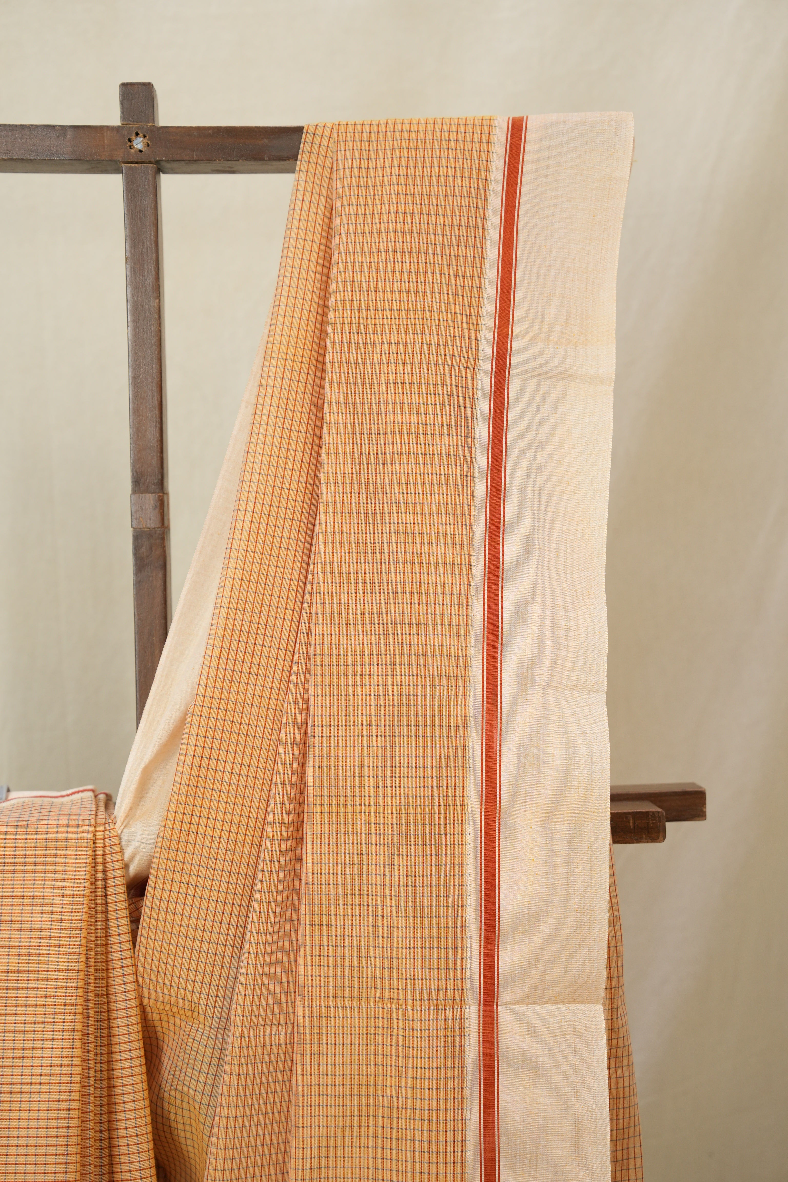 Peach Beige Big Checks Cotton Patteda Anchu Saree - SRPBPAS330