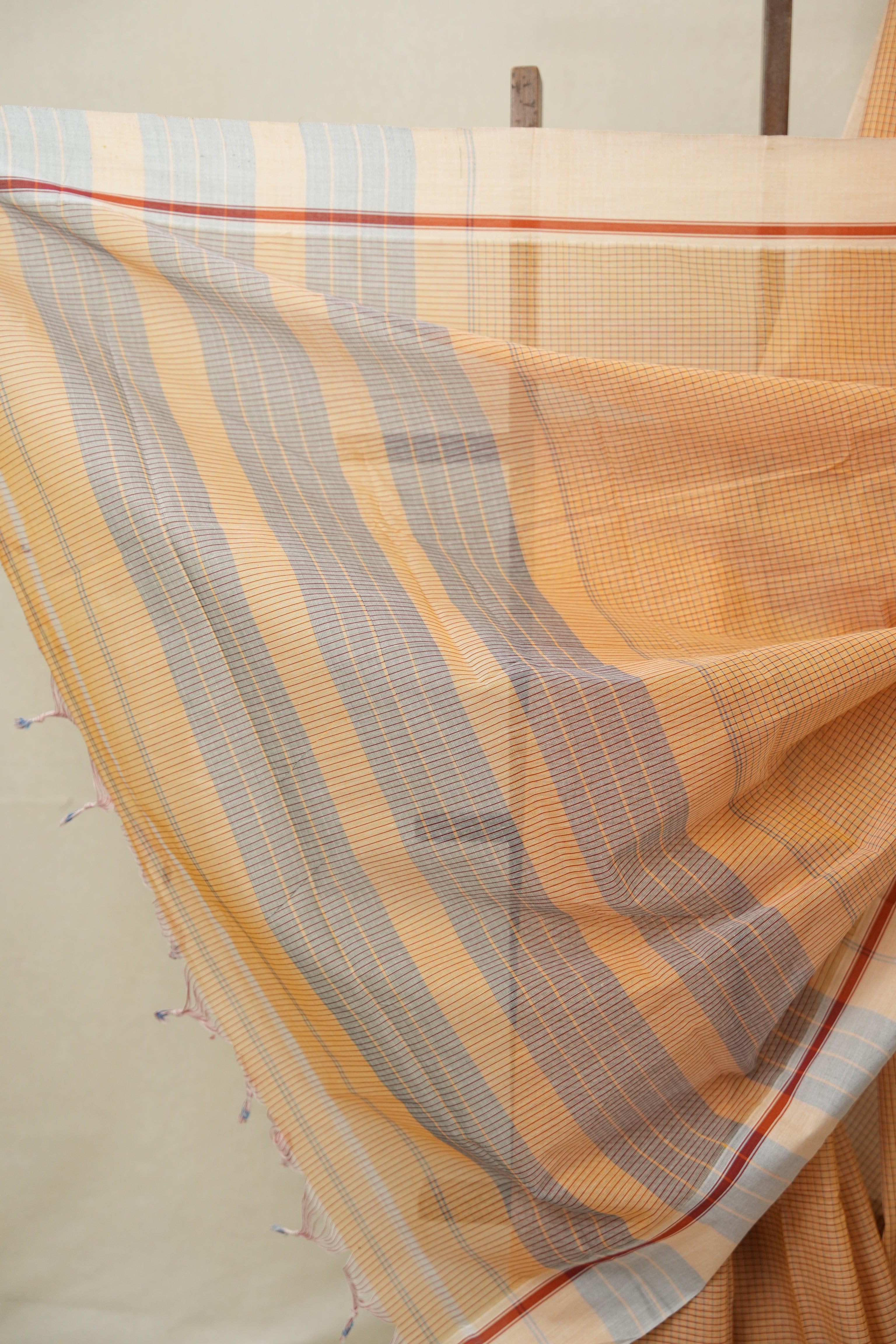 Peach Beige Big Checks Cotton Patteda Anchu Saree - SRPBPAS330