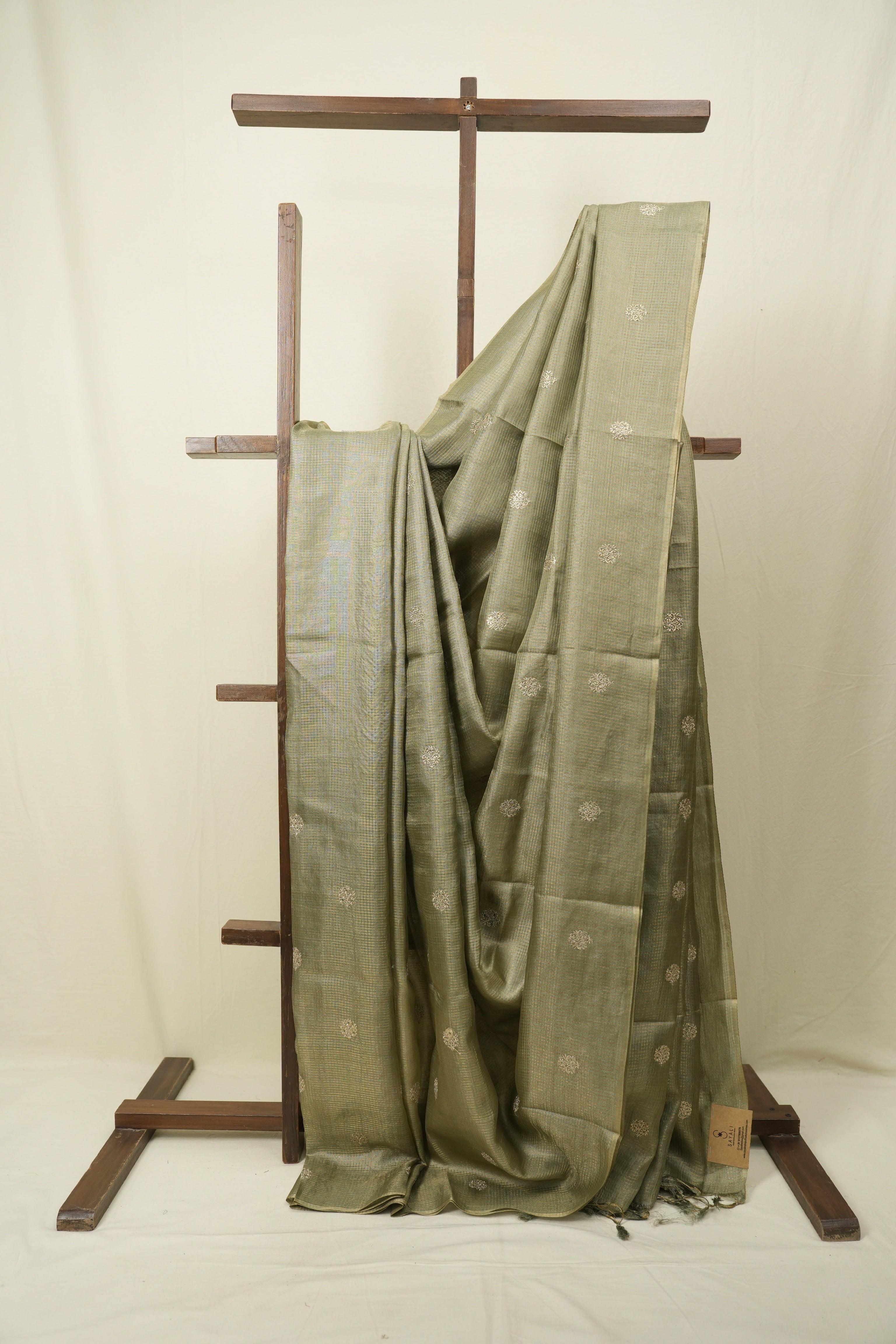 Sage Green Machine Embroidered Tussar Silk Saree - SRSGMETSS1558
