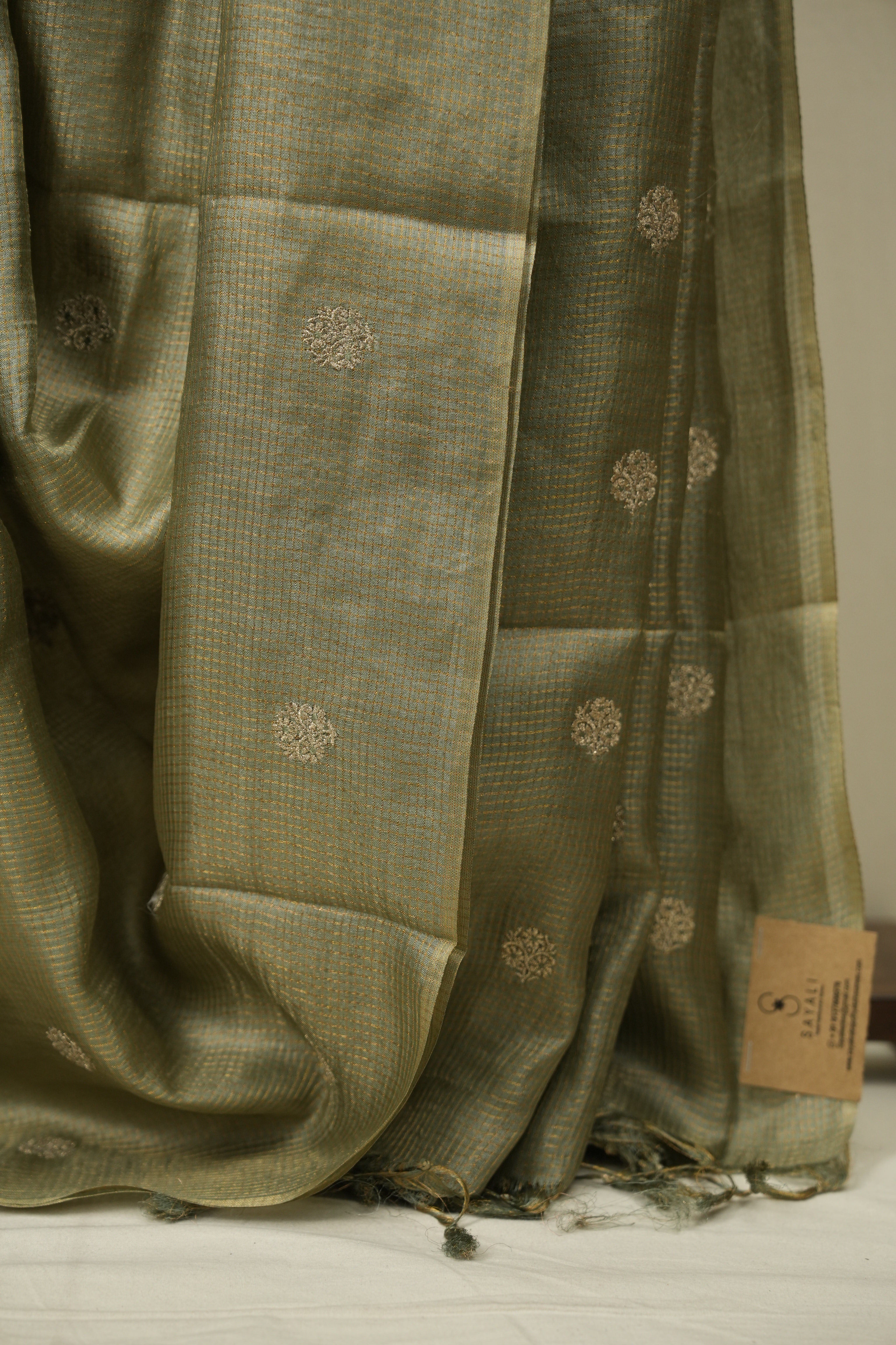 Sage Green Machine Embroidered Tussar Silk Saree - SRSGMETSS1558