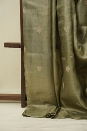 Sage Green Machine Embroidered Tussar Silk Saree - SRSGMETSS1558