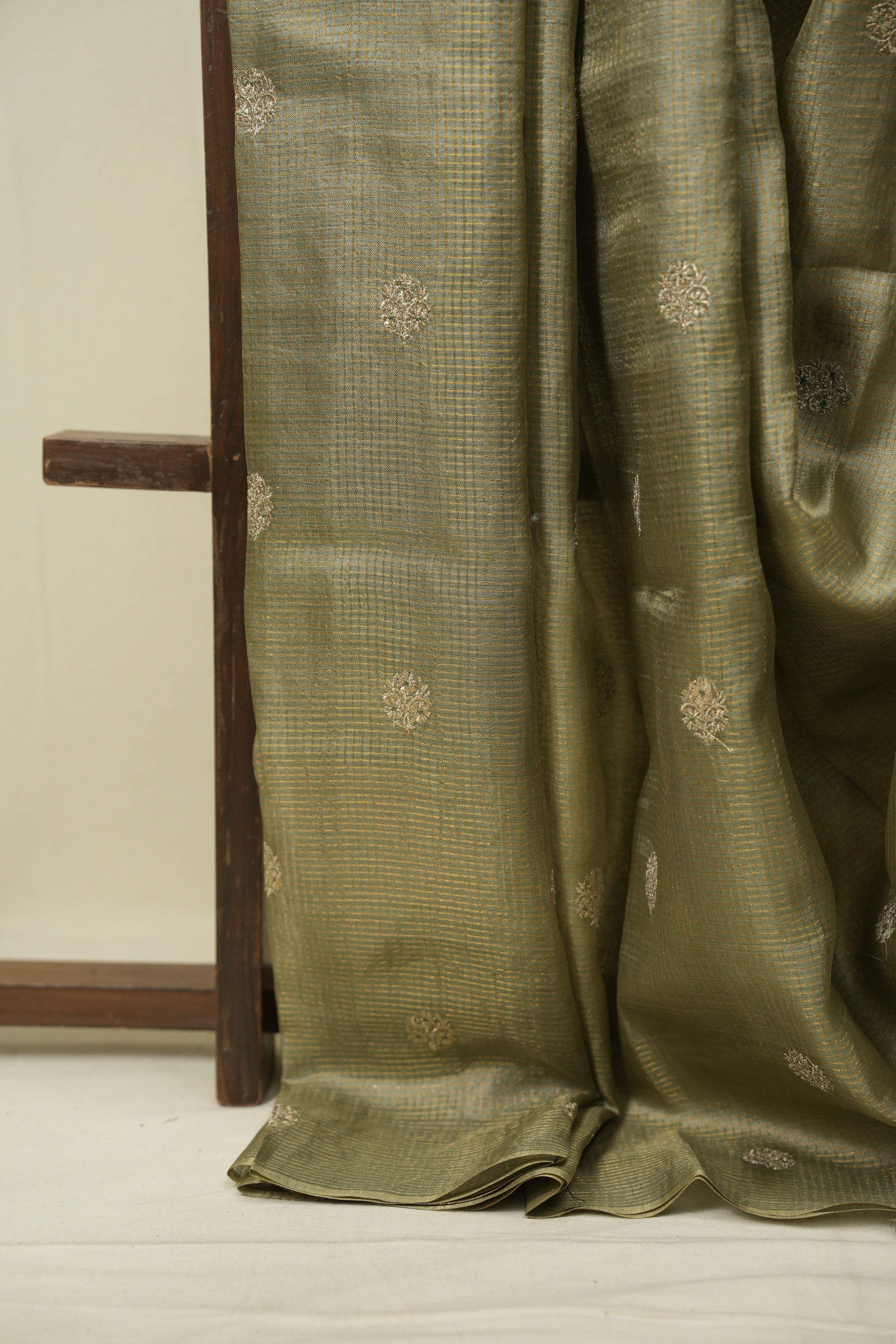 Sage Green Machine Embroidered Tussar Silk Saree - SRSGMETSS1558