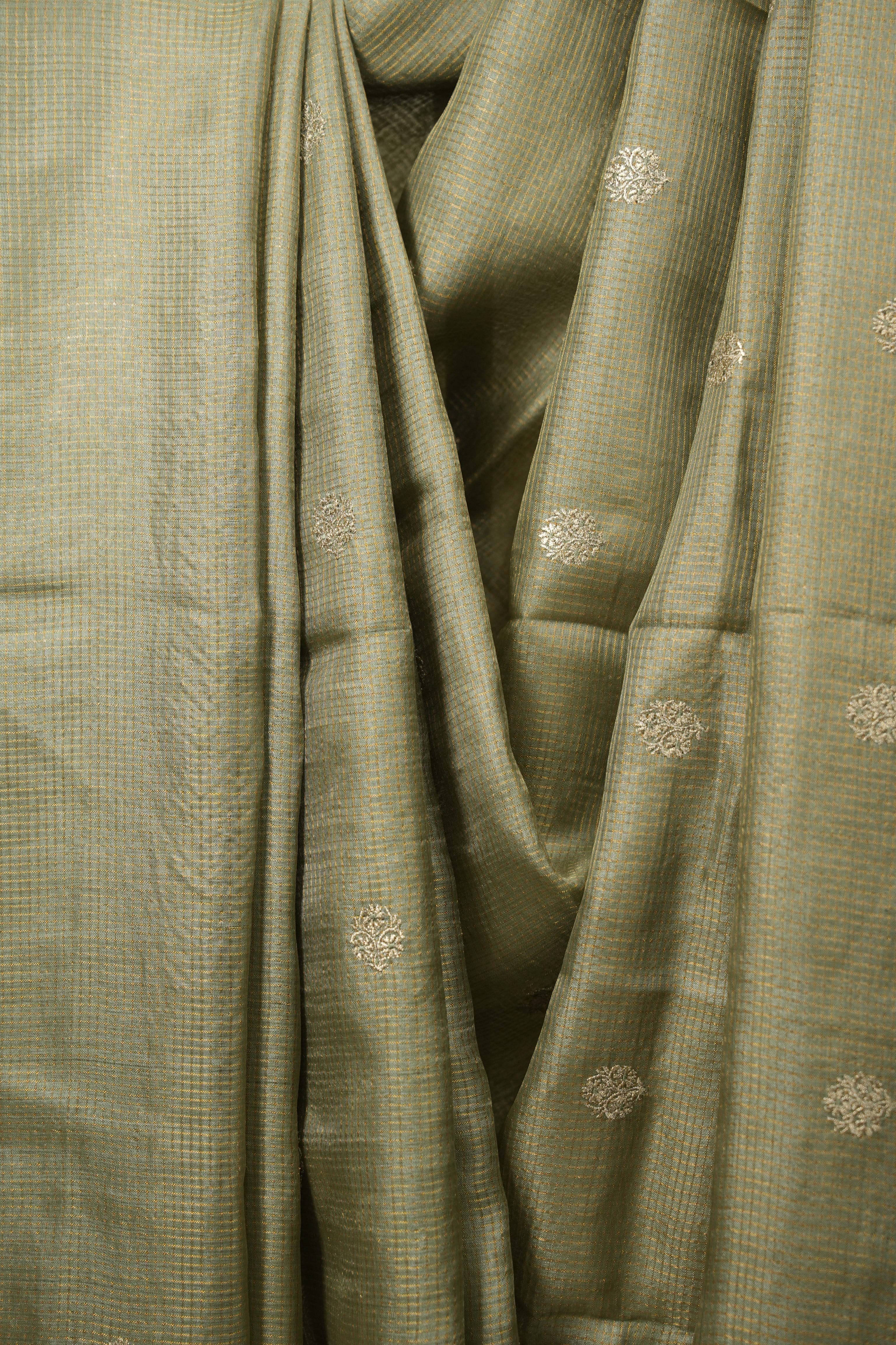 Sage Green Machine Embroidered Tussar Silk Saree - SRSGMETSS1558