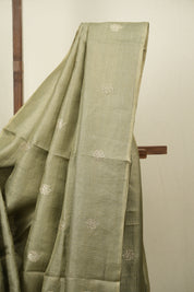 Sage Green Machine Embroidered Tussar Silk Saree - SRSGMETSS1558