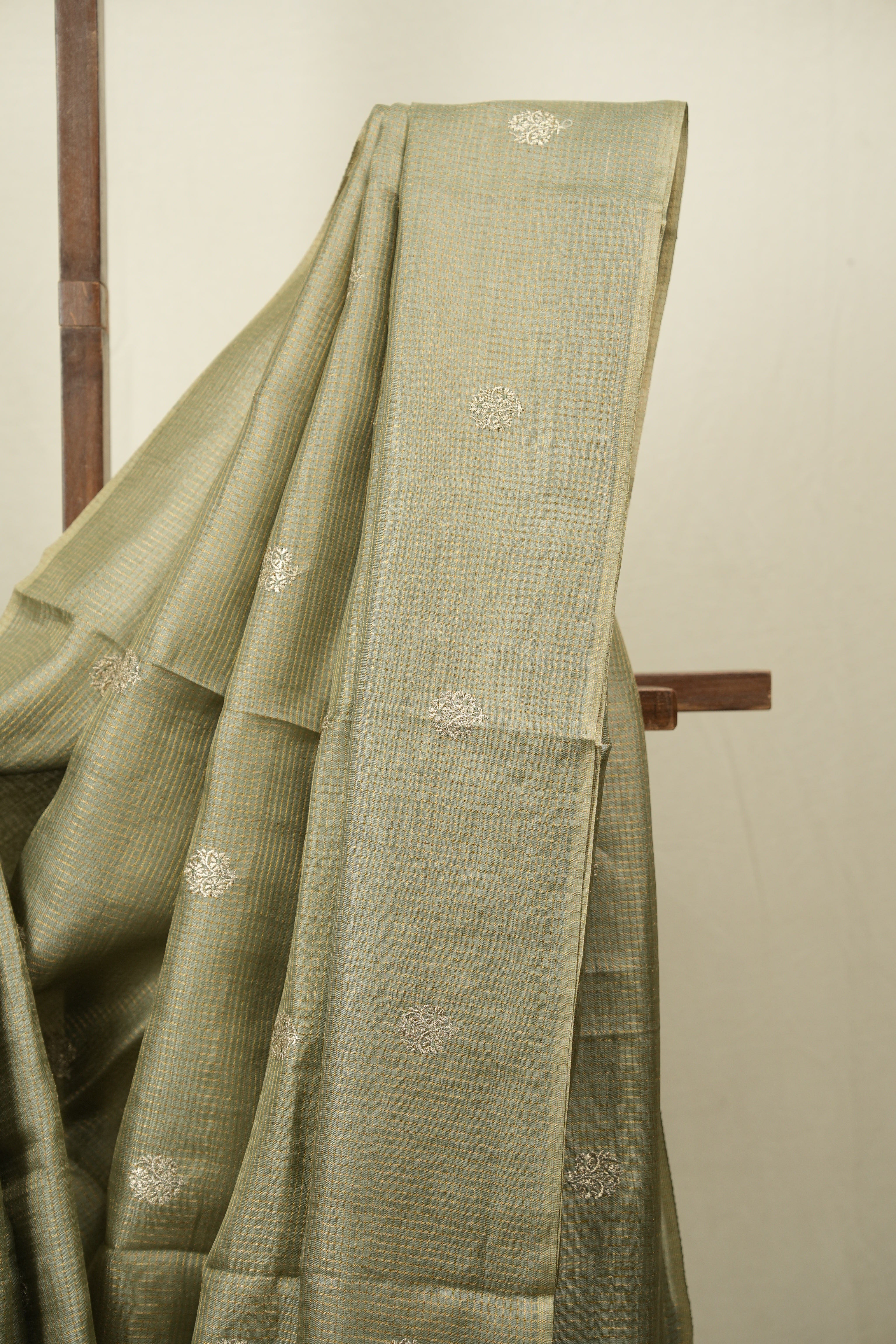 Sage Green Machine Embroidered Tussar Silk Saree - SRSGMETSS1558