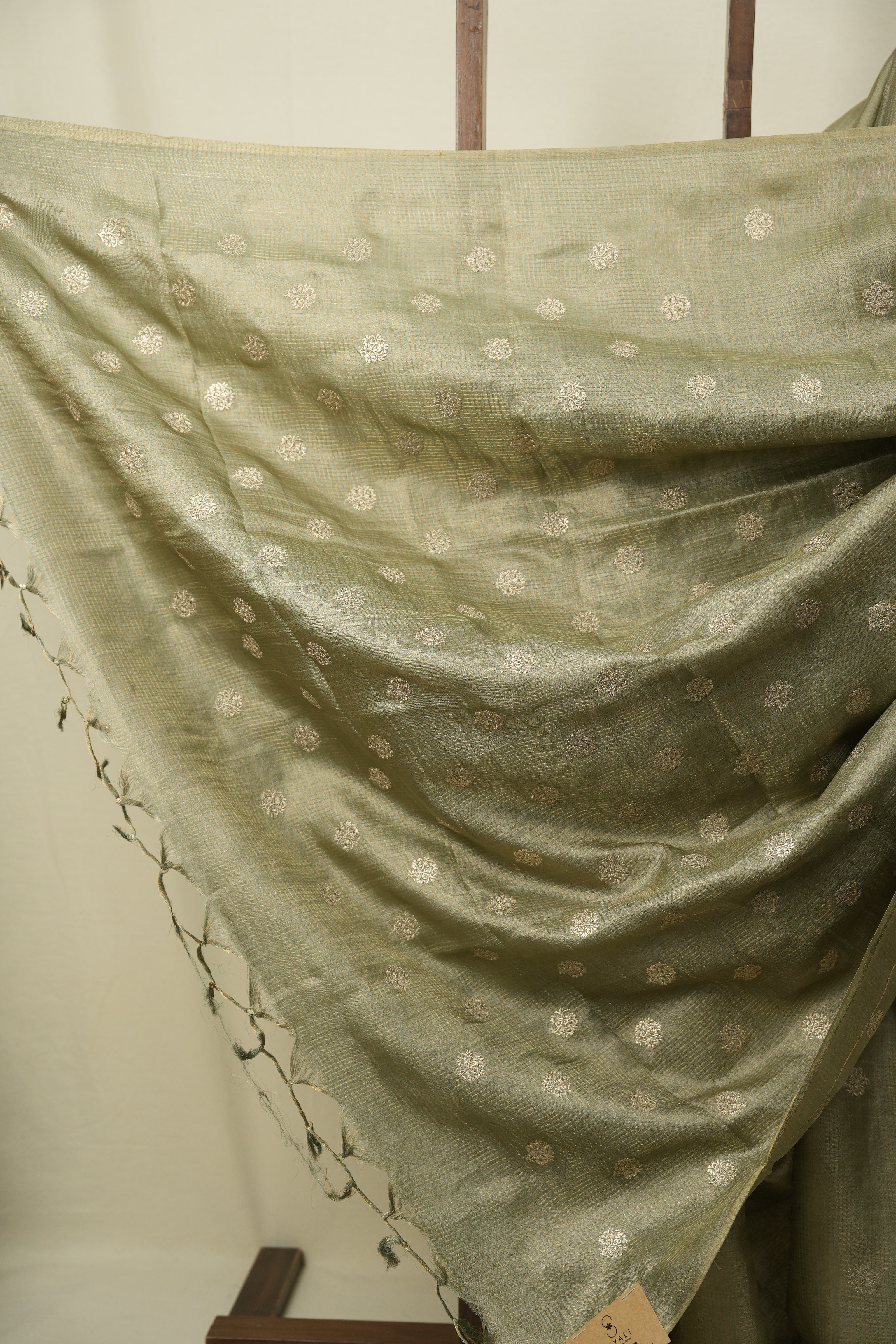 Sage Green Machine Embroidered Tussar Silk Saree - SRSGMETSS1558