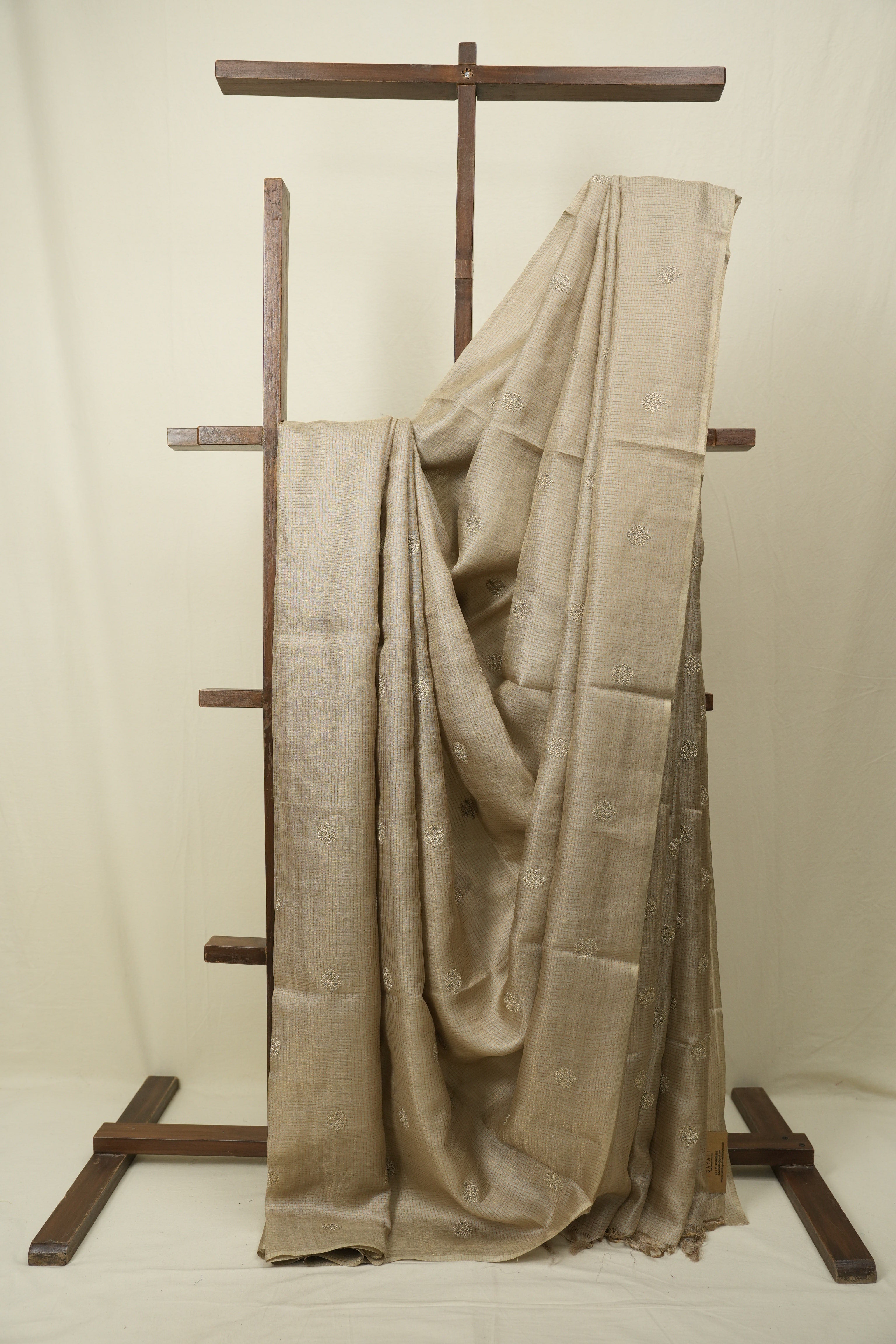 Beige Machine Embroidered Tussar Silk Saree - SRBMETSS1560
