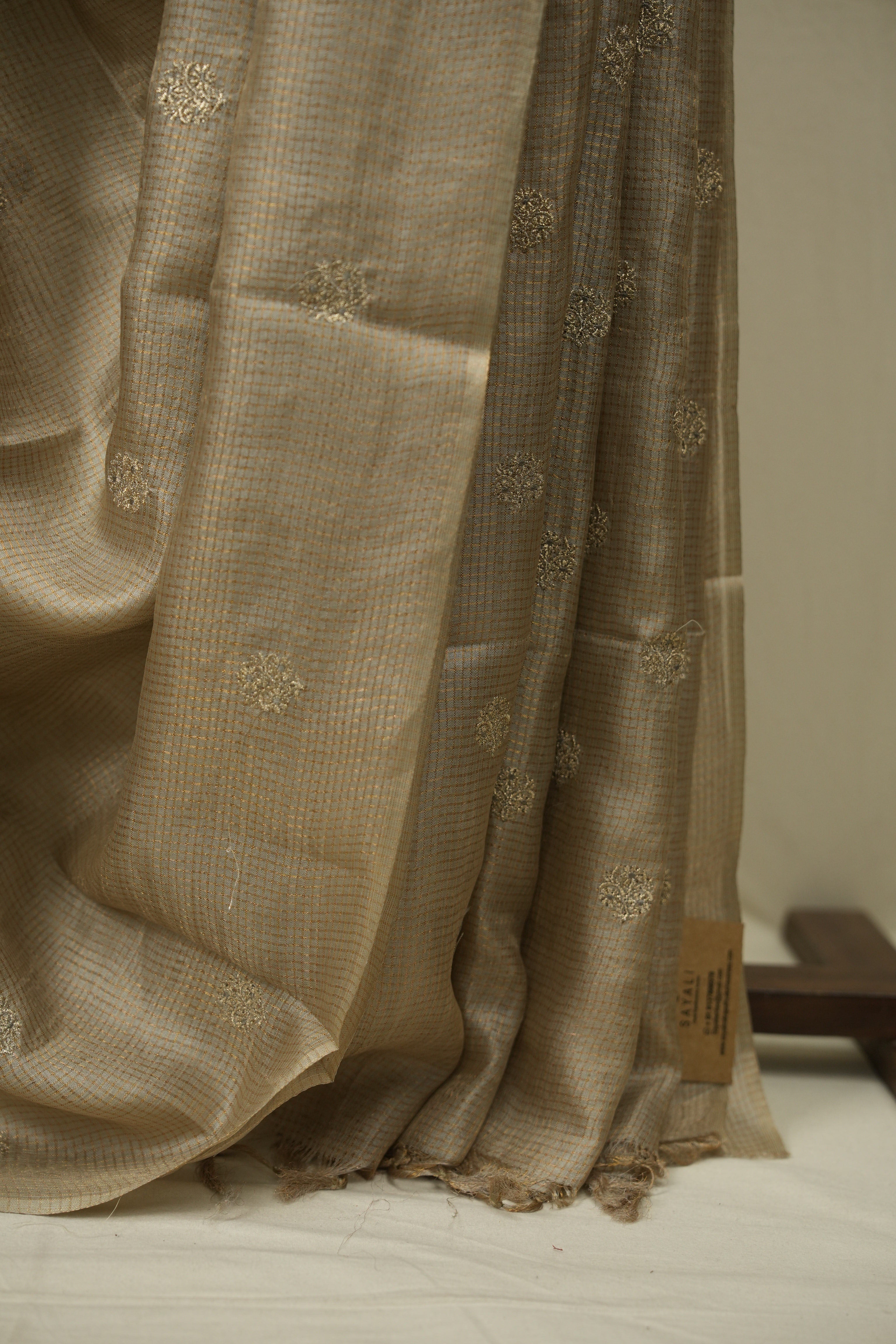 Beige Machine Embroidered Tussar Silk Saree - SRBMETSS1560