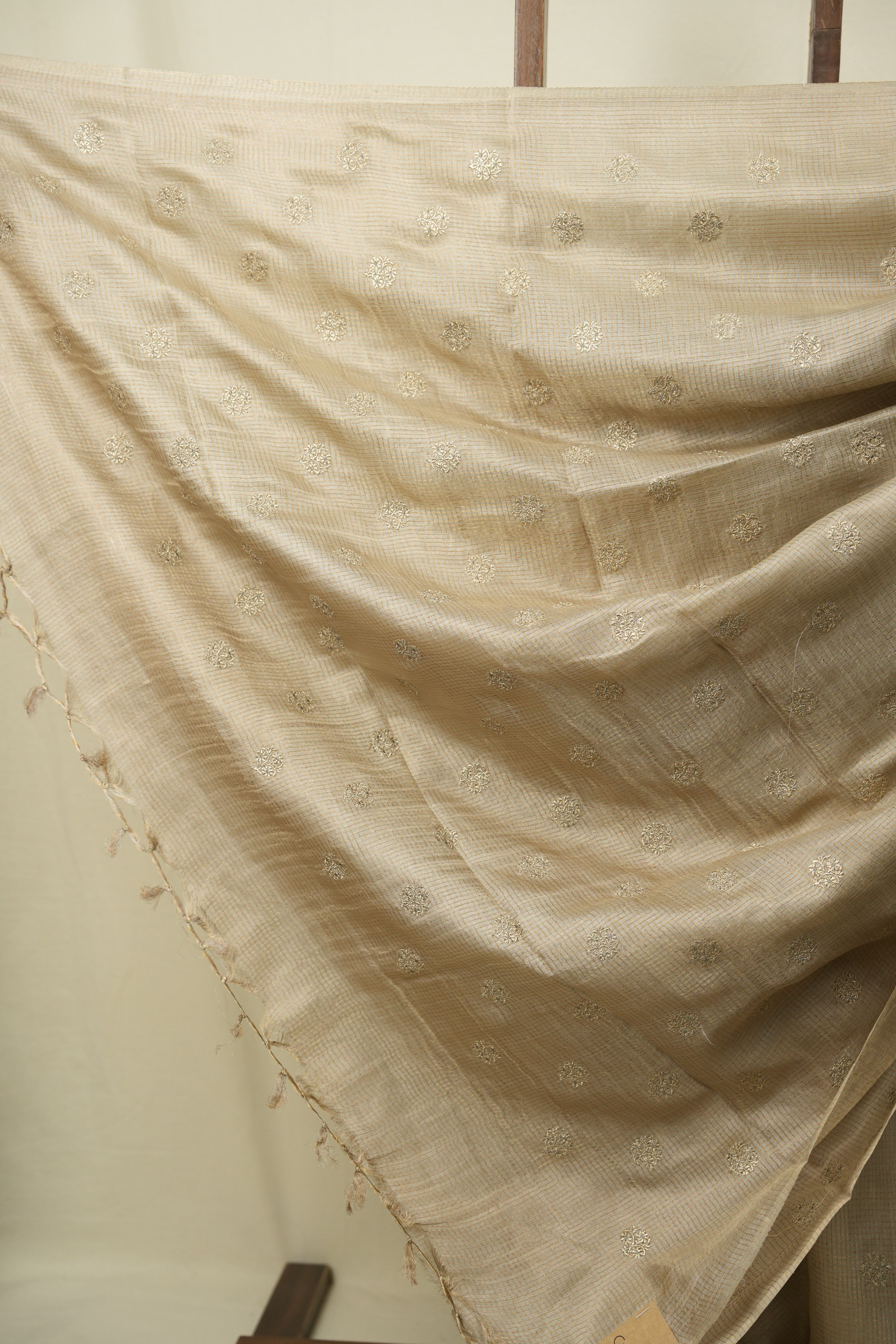 Beige Machine Embroidered Tussar Silk Saree - SRBMETSS1560