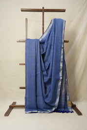 Blue Plain Linen Saree With Dark Blue Tassels-SRBPLS168