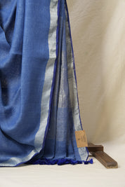 Blue Plain Linen Saree With Dark Blue Tassels-SRBPLS168