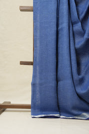 Blue Plain Linen Saree With Dark Blue Tassels-SRBPLS168