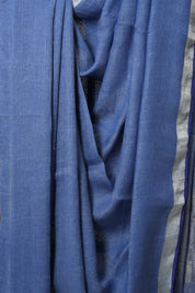 Blue Plain Linen Saree With Dark Blue Tassels-SRBPLS168