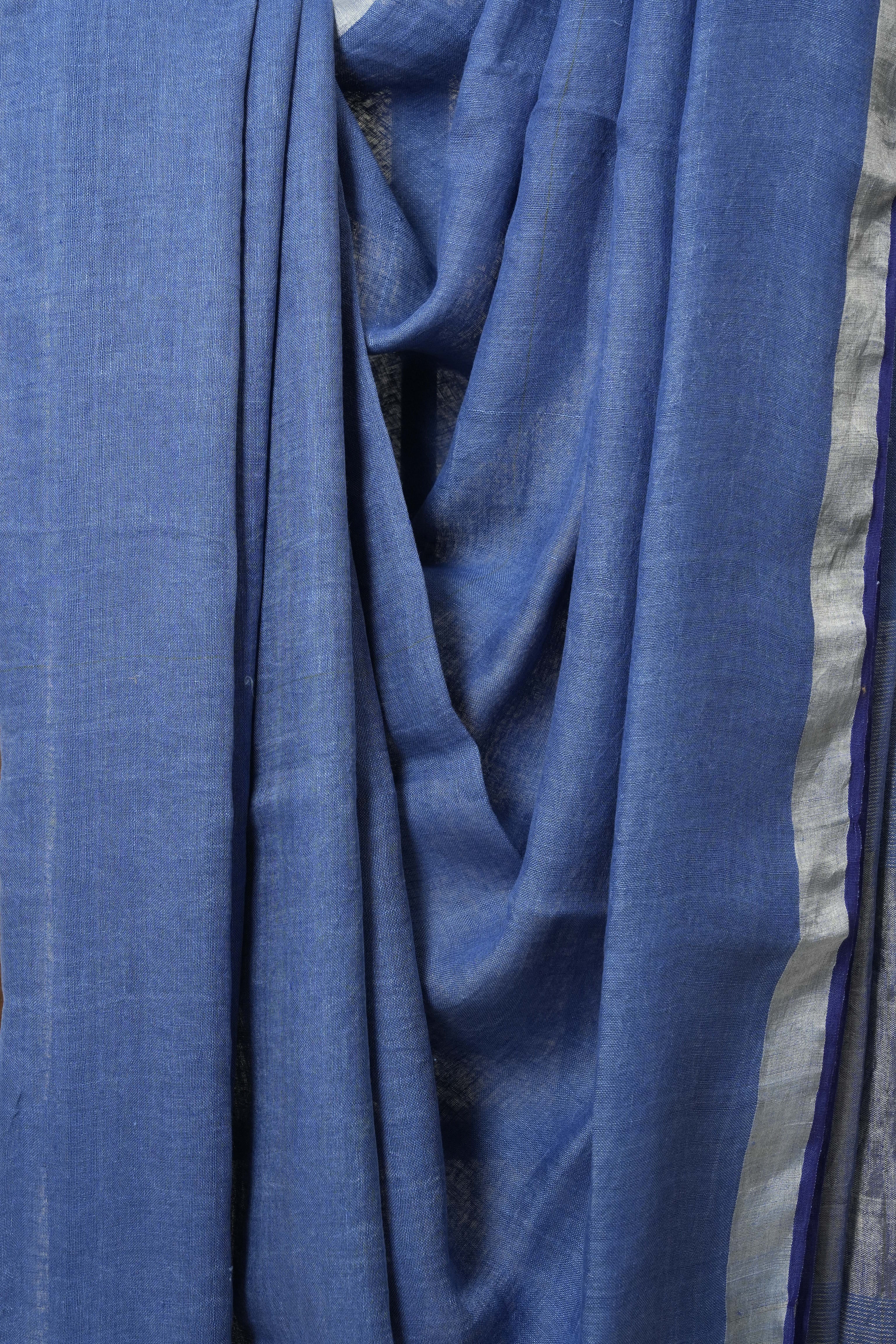 Blue Plain Linen Saree With Dark Blue Tassels-SRBPLS168