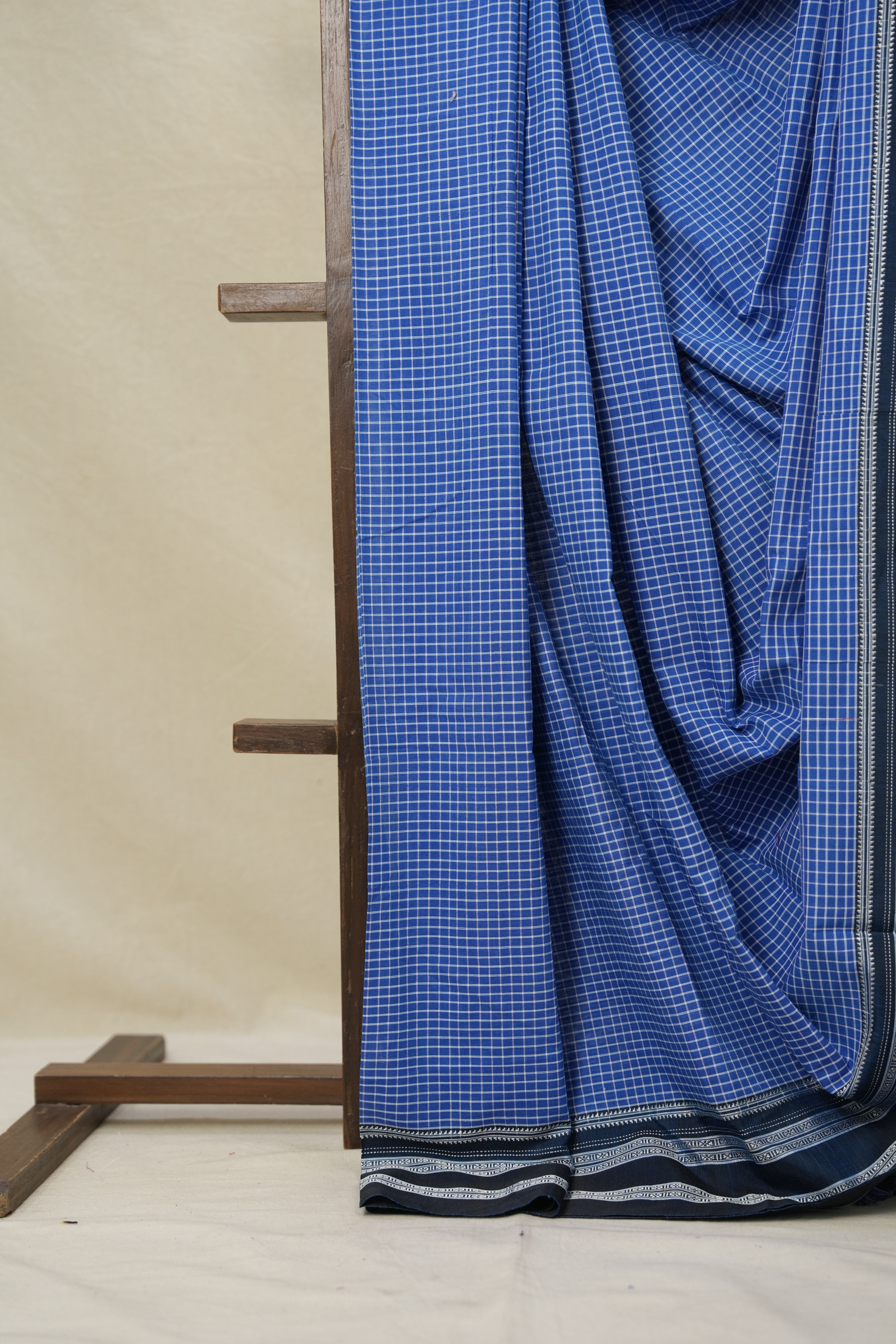 Blue Checks Cotton Ilkal Saree with Gaytri Border - SRBCCIS763