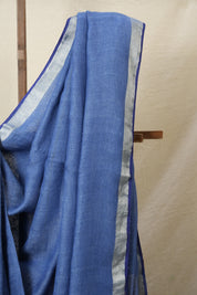 Blue Plain Linen Saree With Dark Blue Tassels-SRBPLS168