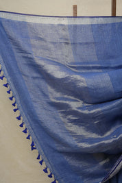 Blue Plain Linen Saree With Dark Blue Tassels-SRBPLS168