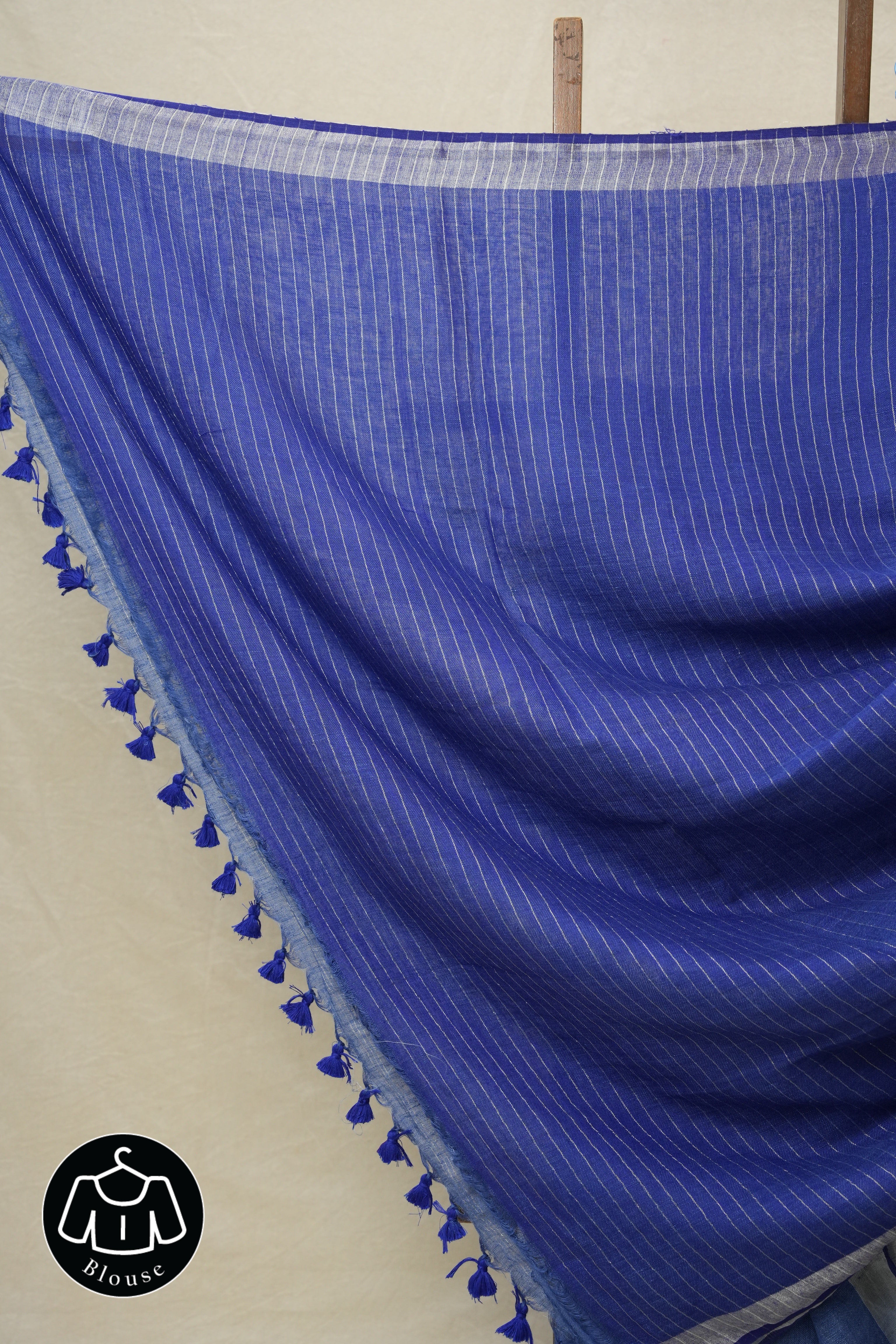 Blue Plain Linen Saree With Dark Blue Tassels-SRBPLS168